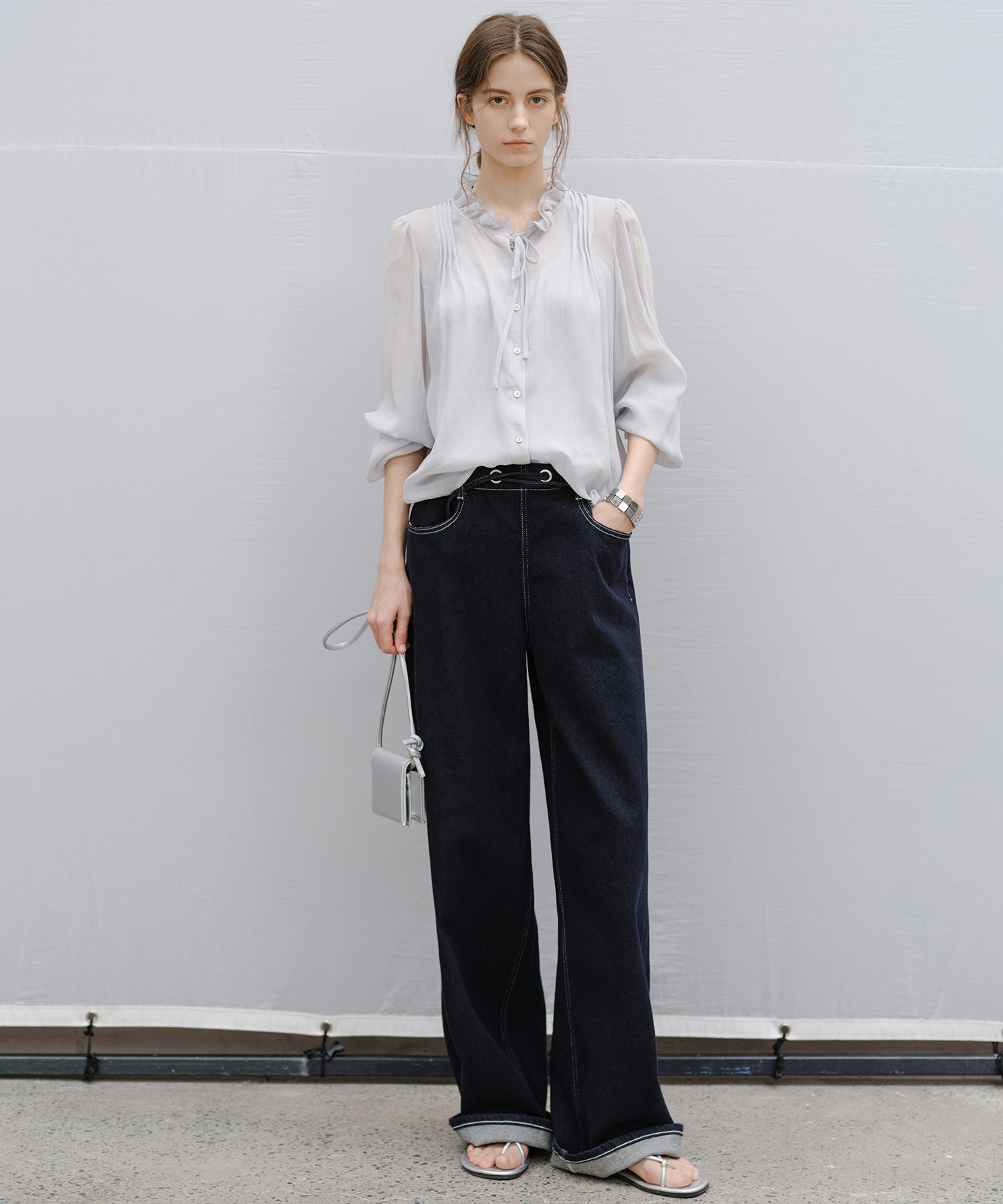 Drawstring Straight Washed Denim Pants