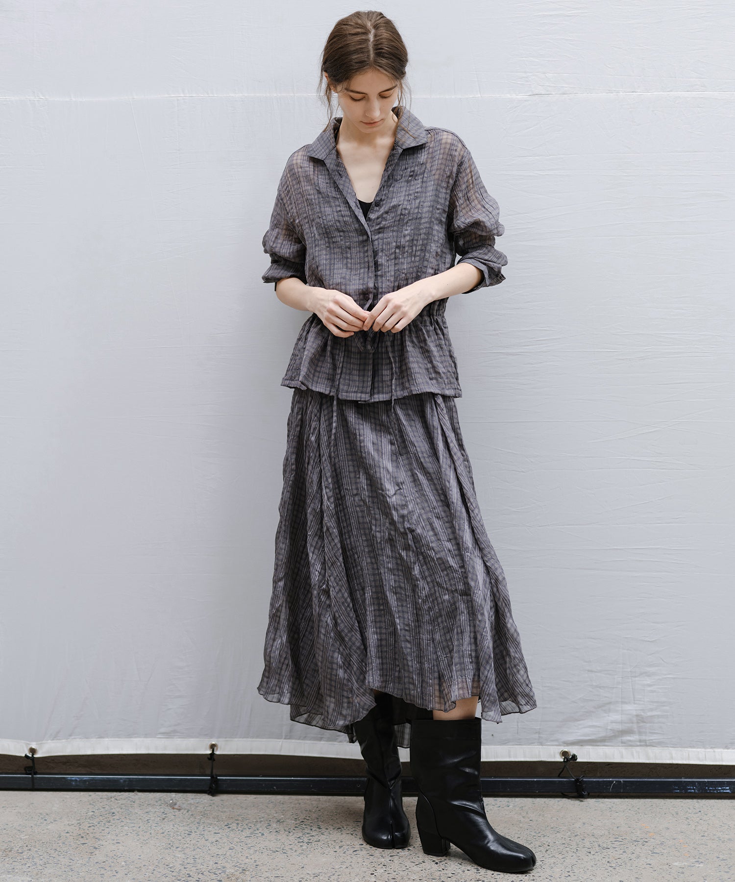 Drawstring Crinkled Check Shirt Jacket – Oversized Fit