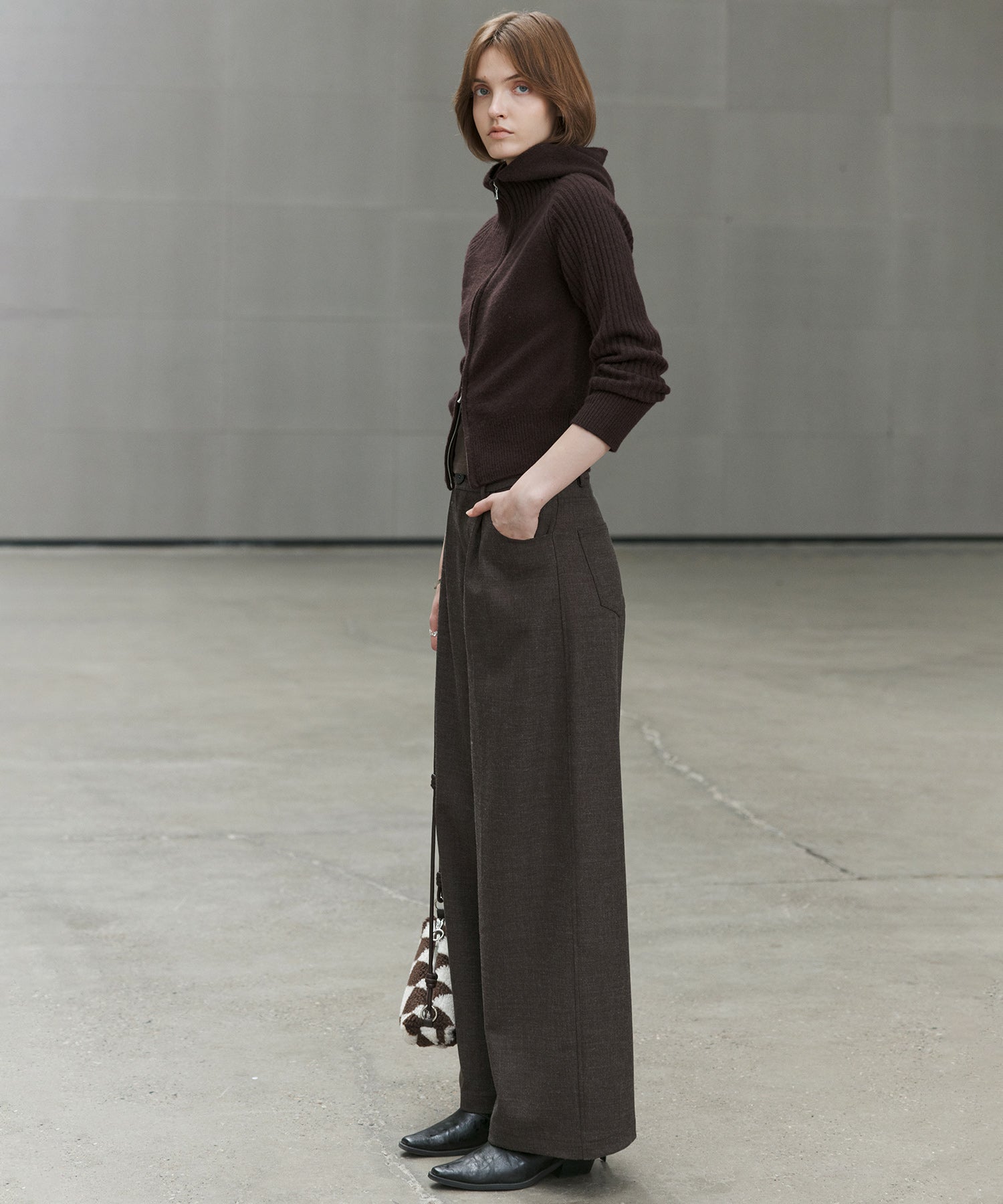 Textured Low-Rise Wide Straight Curved Pants