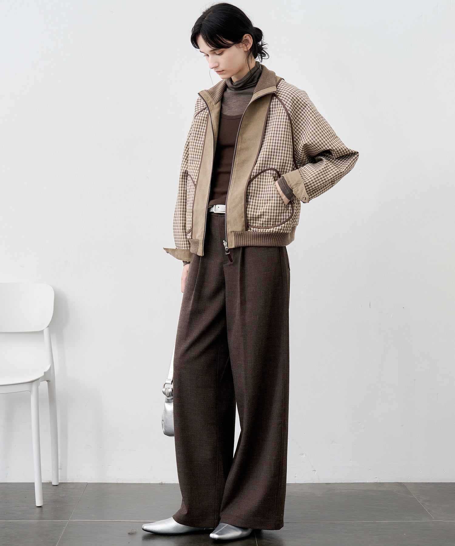 Reverse-Look Oversized Cropped Check Short Jacket