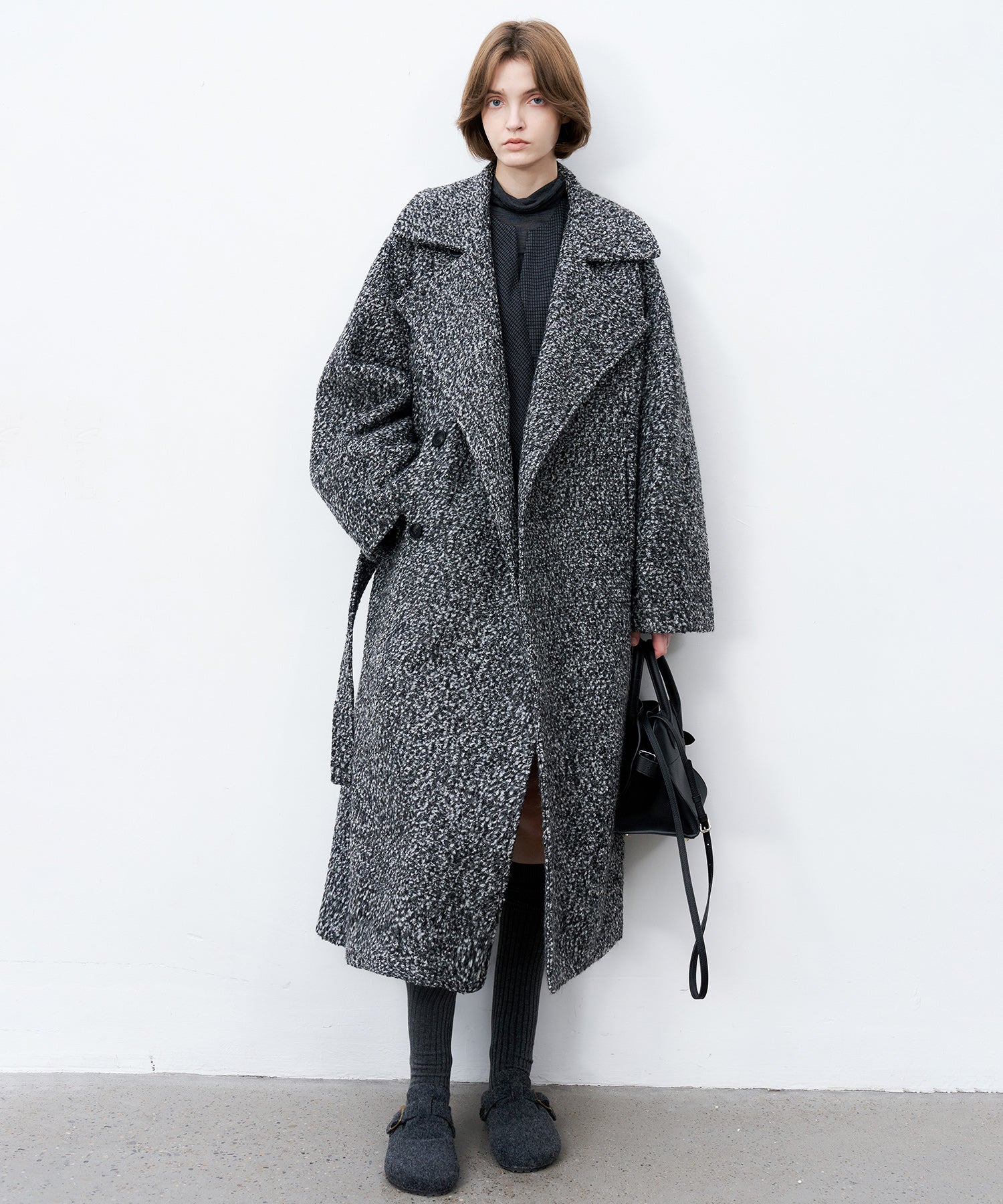 Mixed-Color Bouclé Wool Lapel Long Coat
