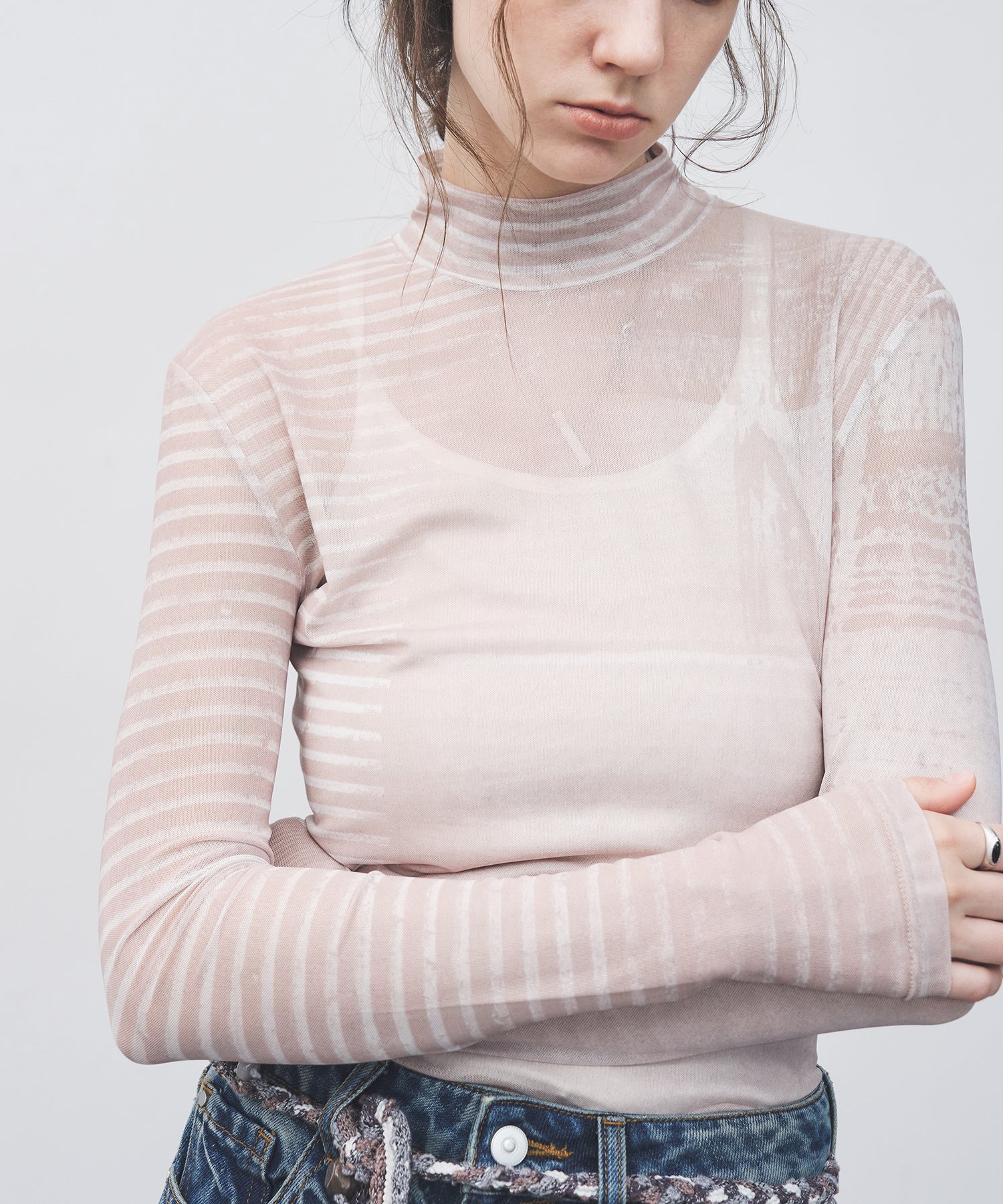 Digital Art Mesh Top – Sheer Mock Neck Fitted Layer