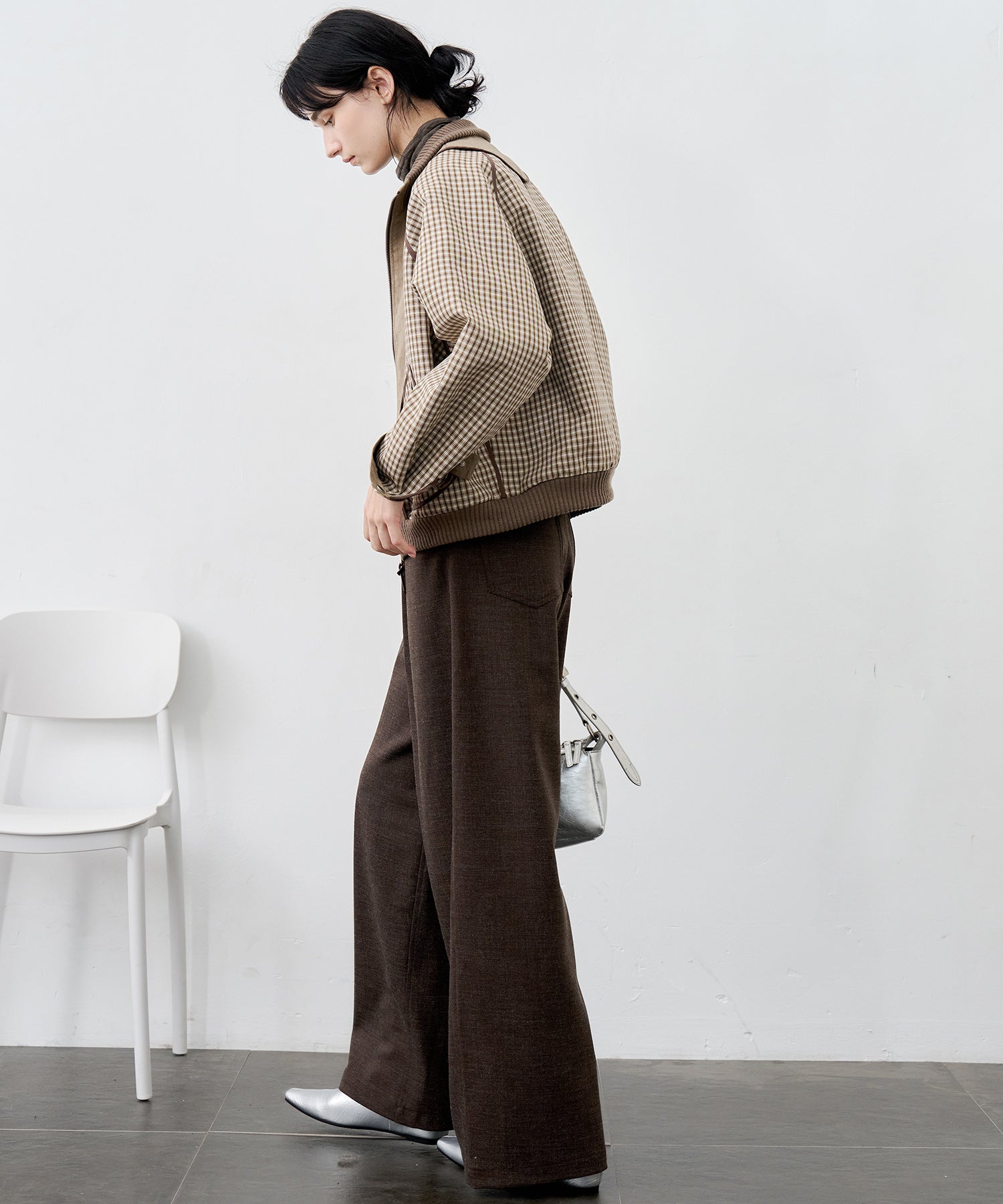 Reverse-Look Oversized Cropped Check Short Jacket