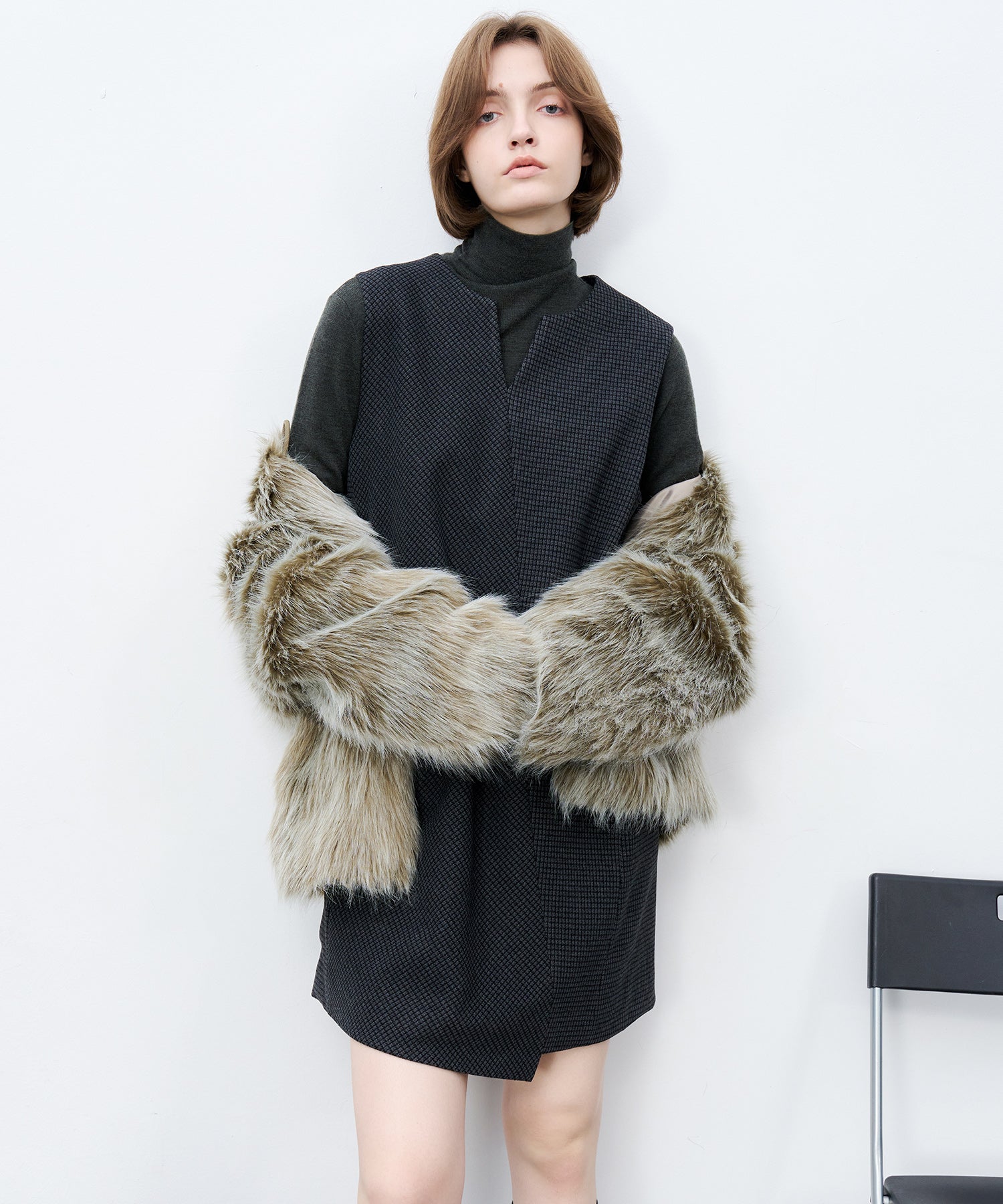 Long Faux-Fur Lapel Coat