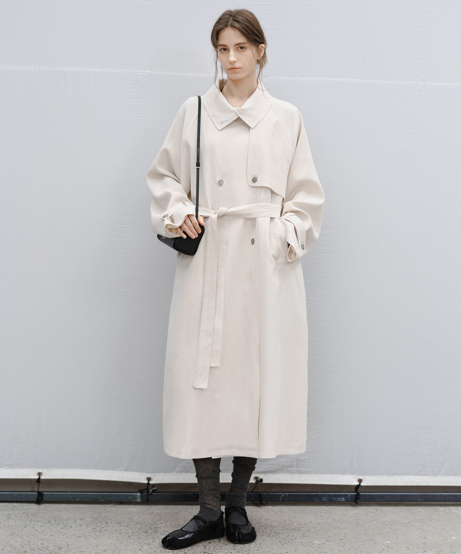L'Or stand collar long coat トレンチコート Stand Collar Belted Long Trench Coat