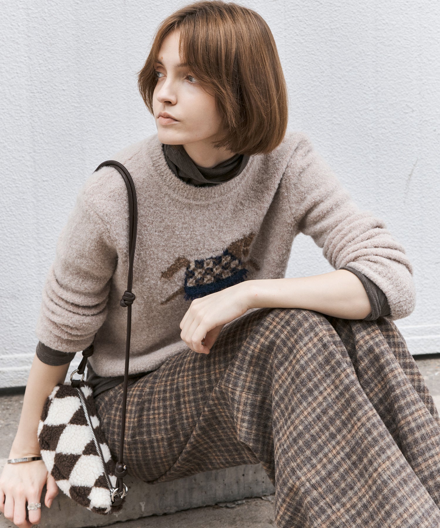 Wool Blend Yarn-Dyed Vintage Check Brushed Wide-Leg Pants