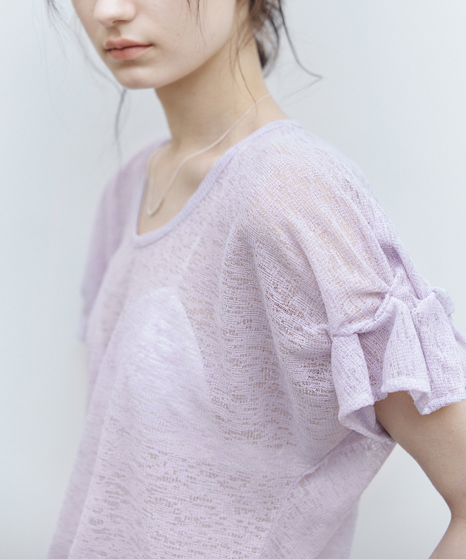 U-Neck Sheer T-Shirt with Design Cuff Detail