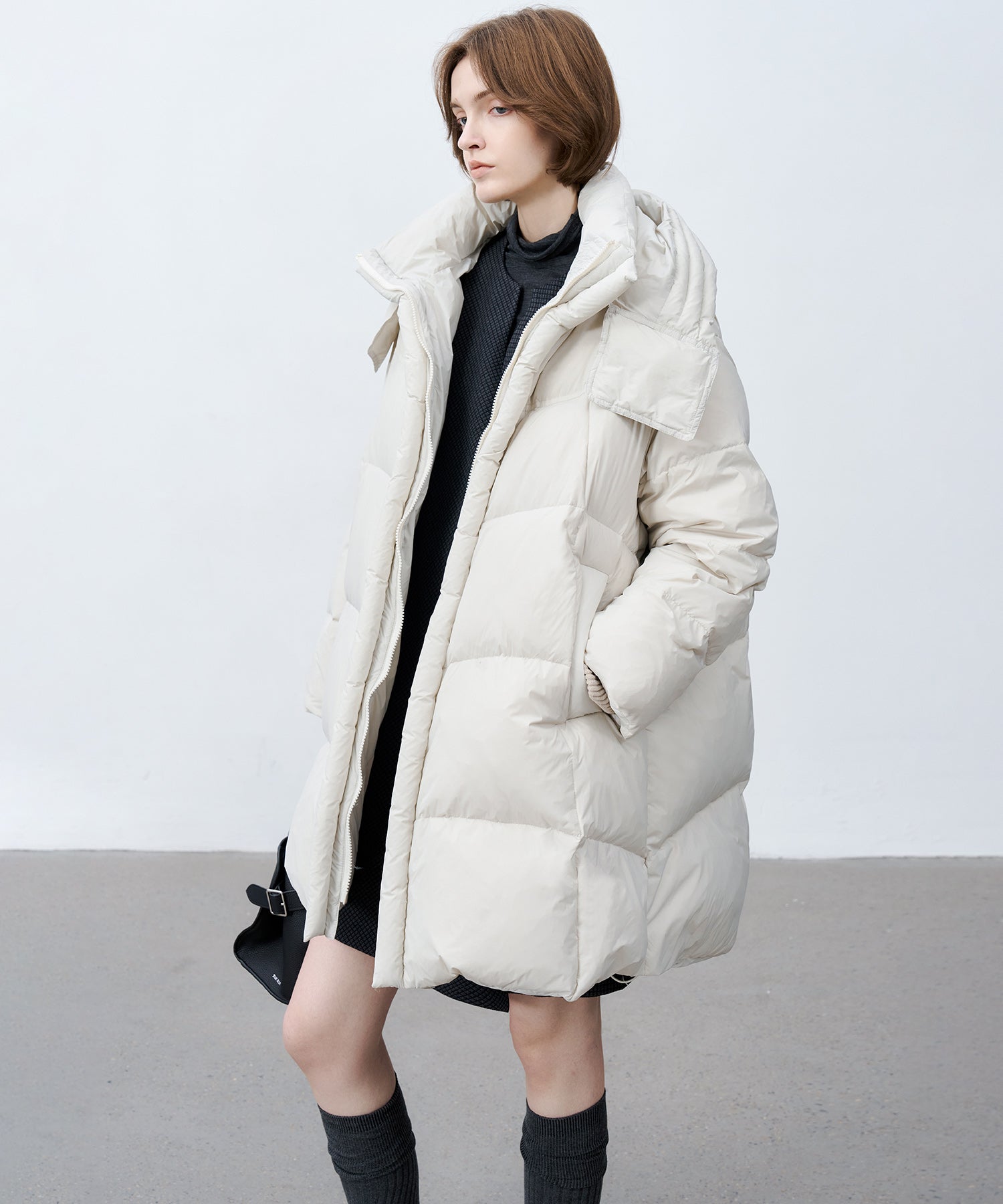 Mid-Length Stand Collar Hooded Oversize Down Coat