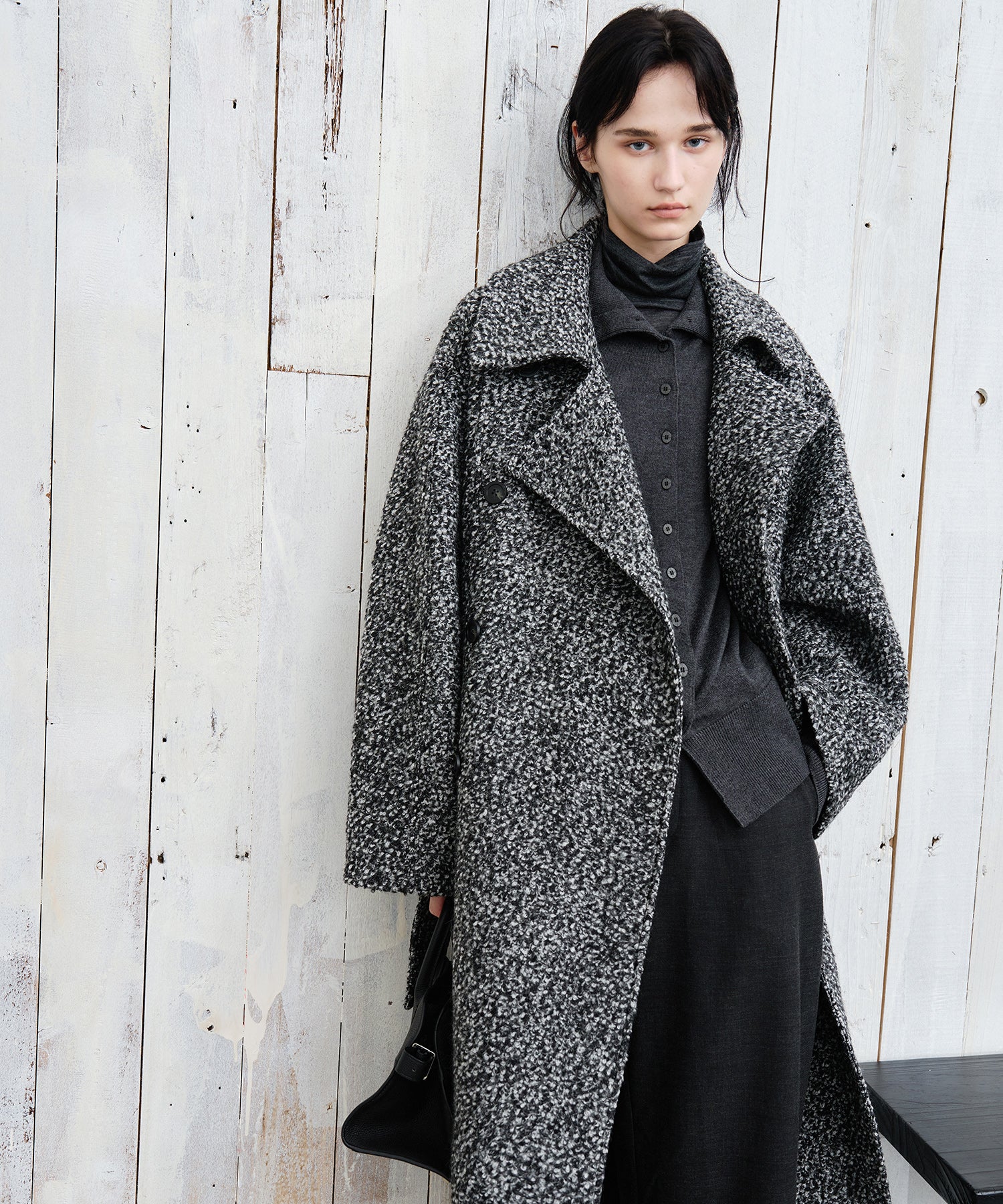 Mixed-Color Bouclé Wool Lapel Long Coat