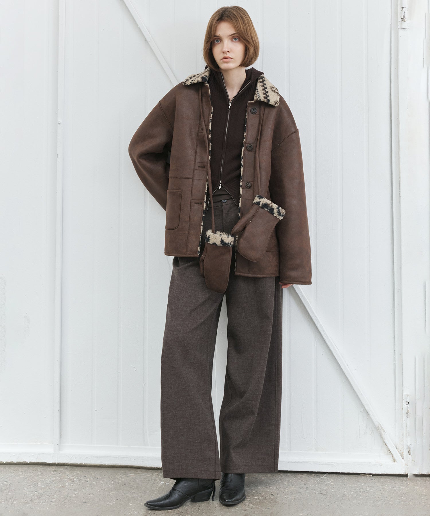 Fair Isle Faux Shearling Jacket with Gloves