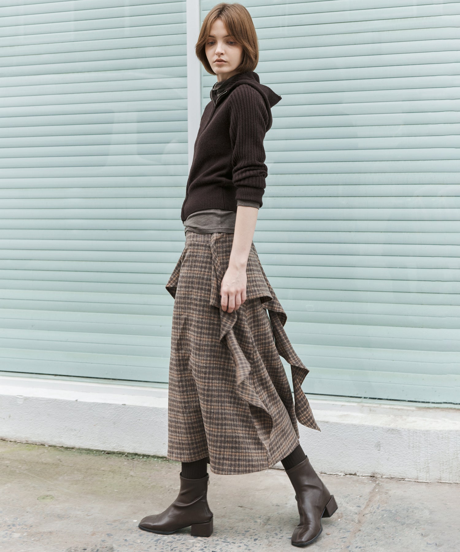 Wool Blend Irregular Flake Detail Yarn-Dyed Vintage Check Brushed A-Line Midi Skirt