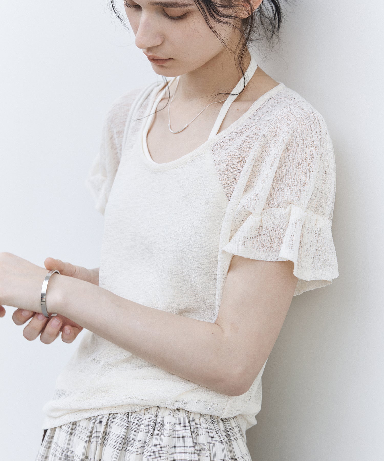 U-Neck Sheer T-Shirt with Design Cuff Detail