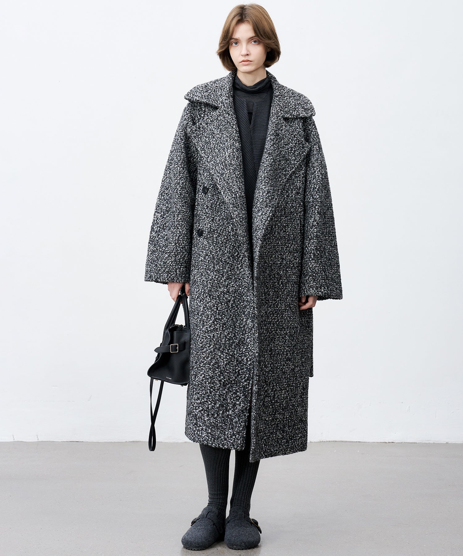 Mixed-Color Bouclé Wool Lapel Long Coat