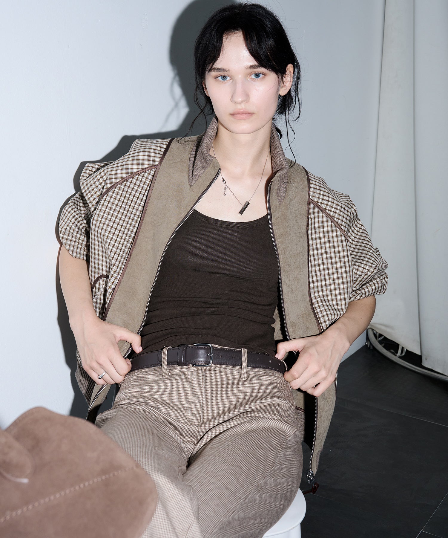 Reverse-Look Oversized Cropped Check Short Jacket