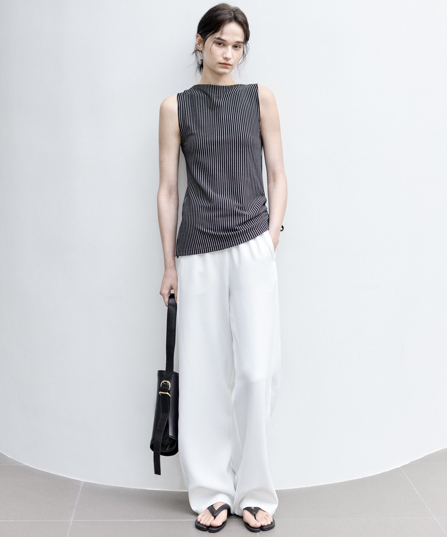 Striped Sleeveless Top with Adjustable Hem &amp; Boat Neck