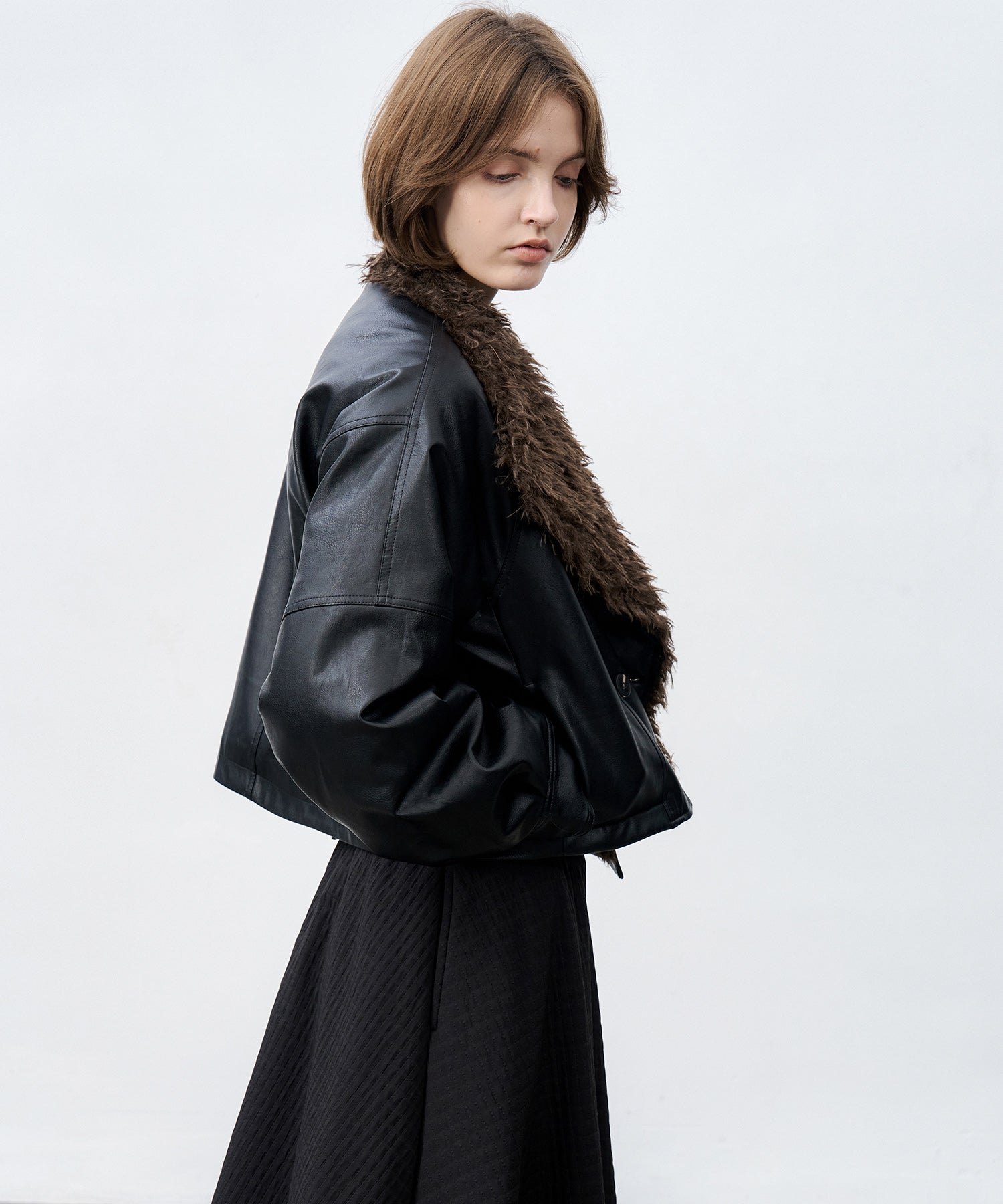 Faux Leather & Fleece Panel Short Jacket(フェイクレザー×ボア切替