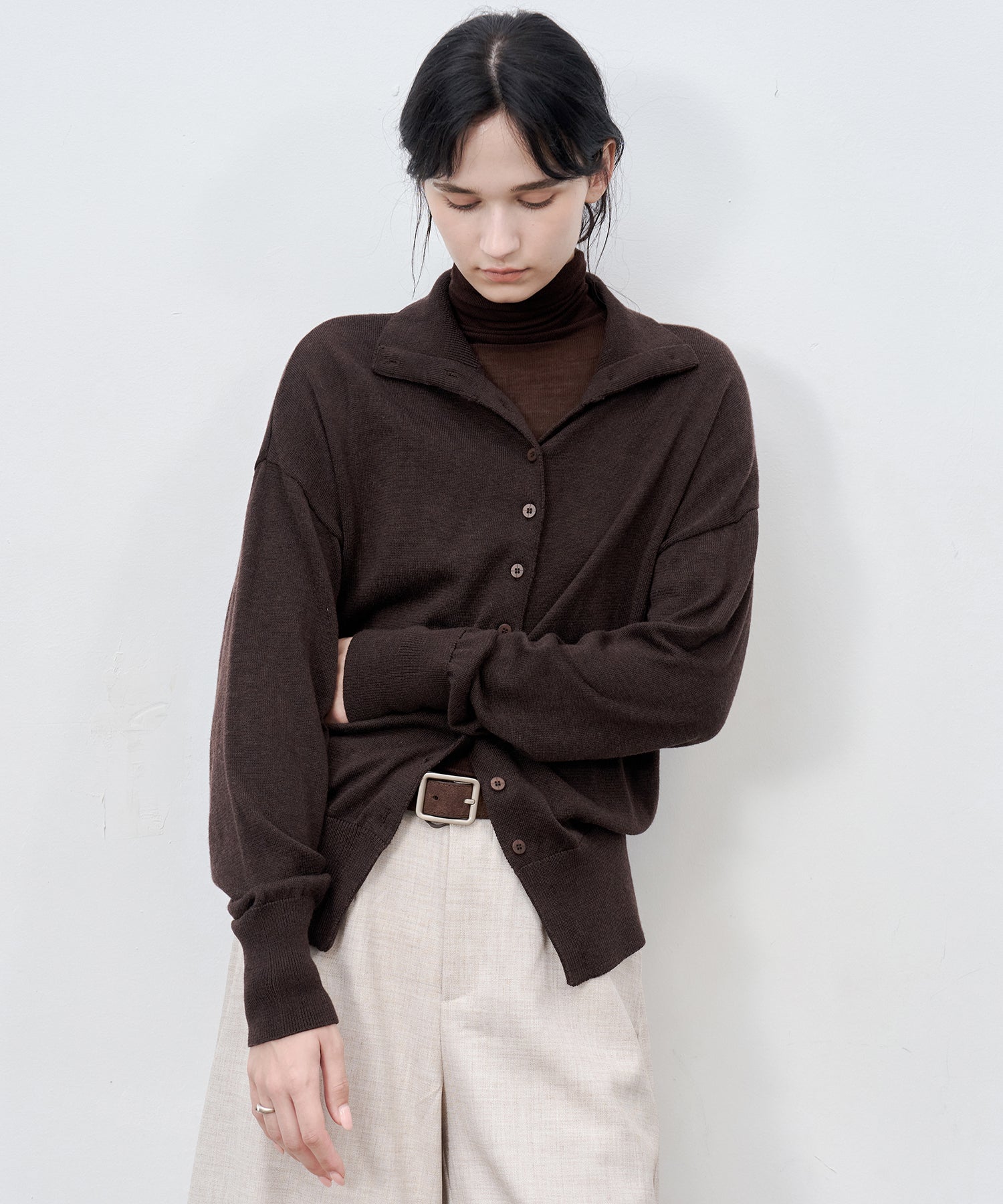 High Neck Lightweight Knit Cardigan Sweater