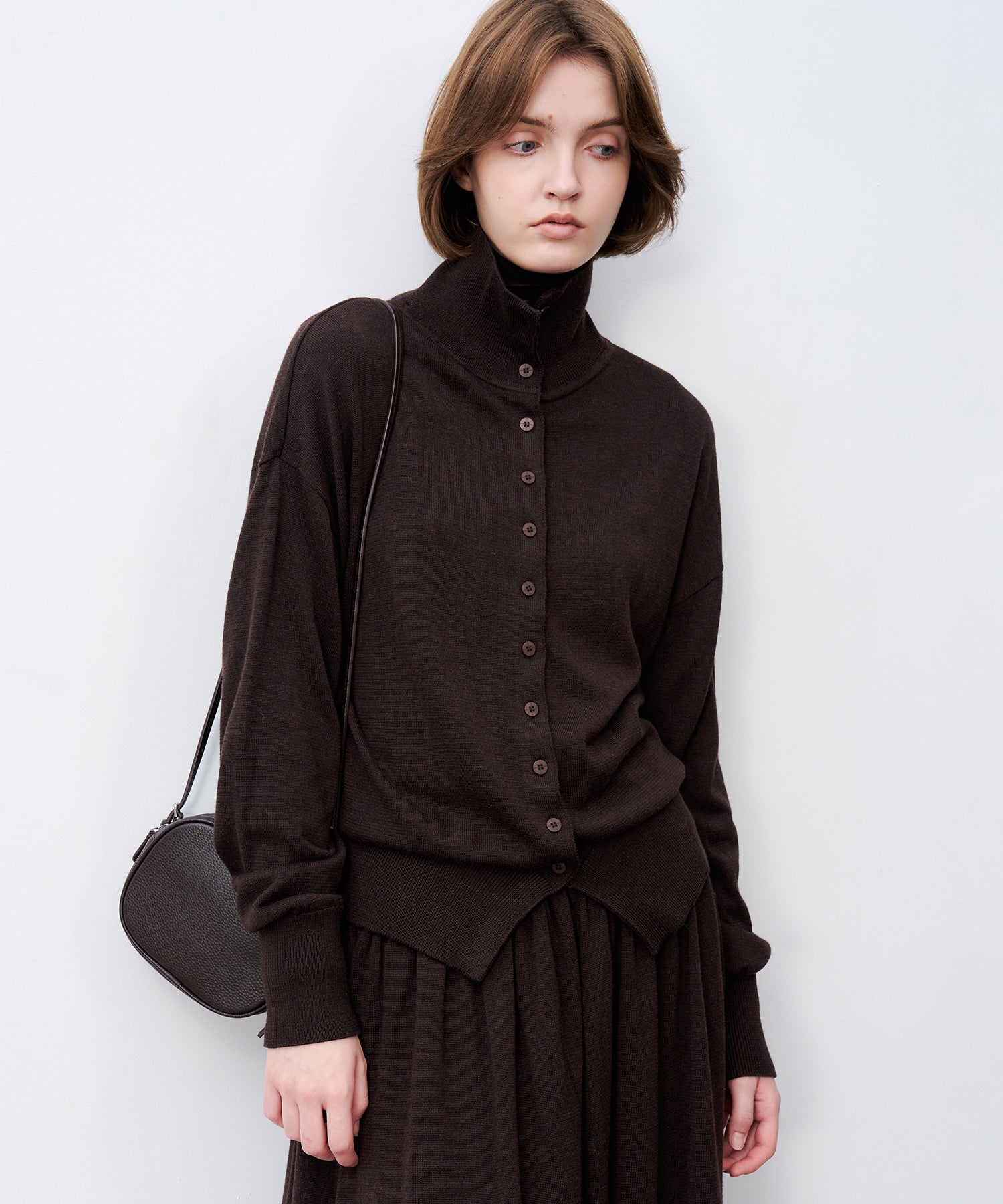 High Neck Lightweight Knit Cardigan Sweater
