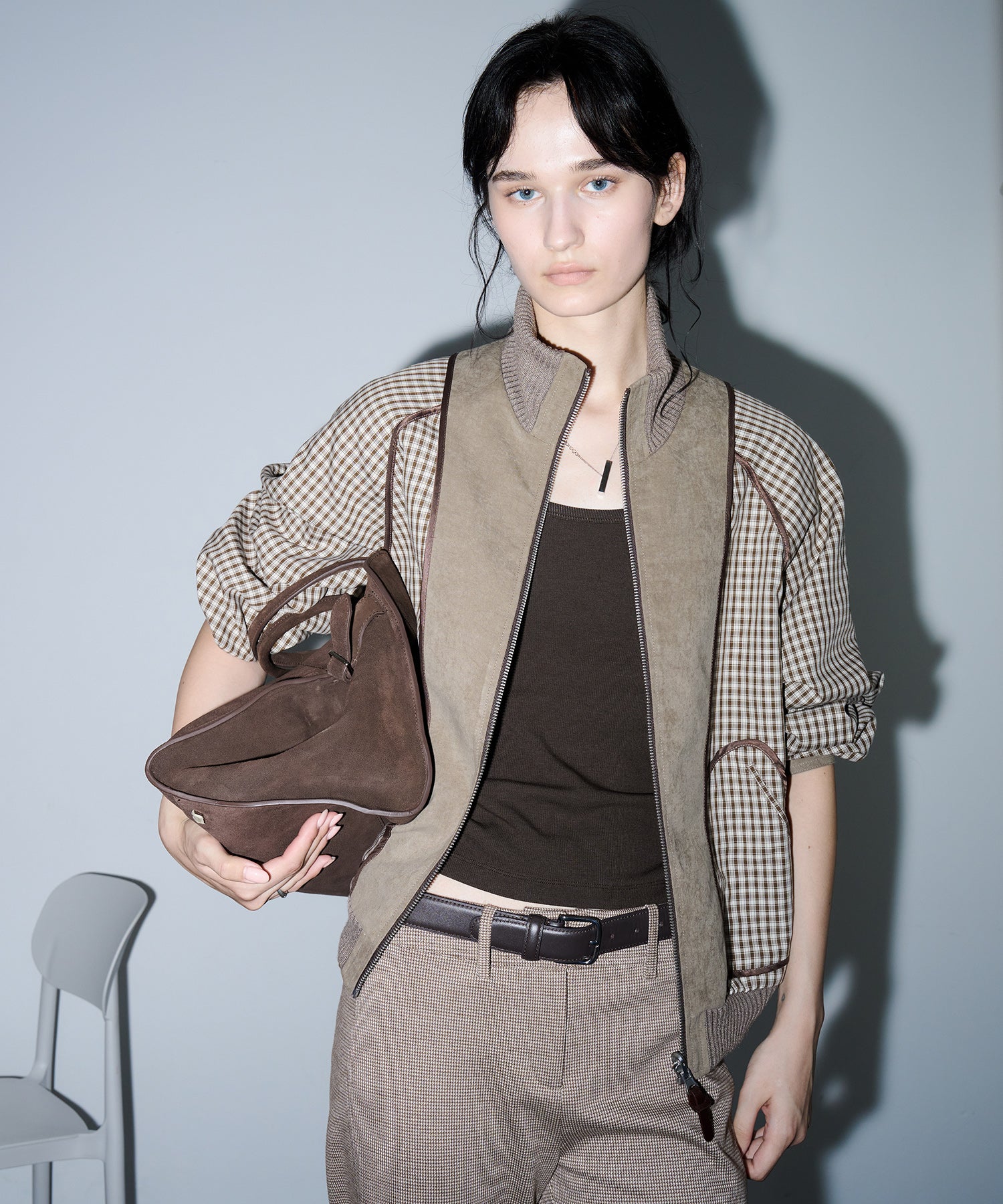 Reverse-Look Oversized Cropped Check Short Jacket