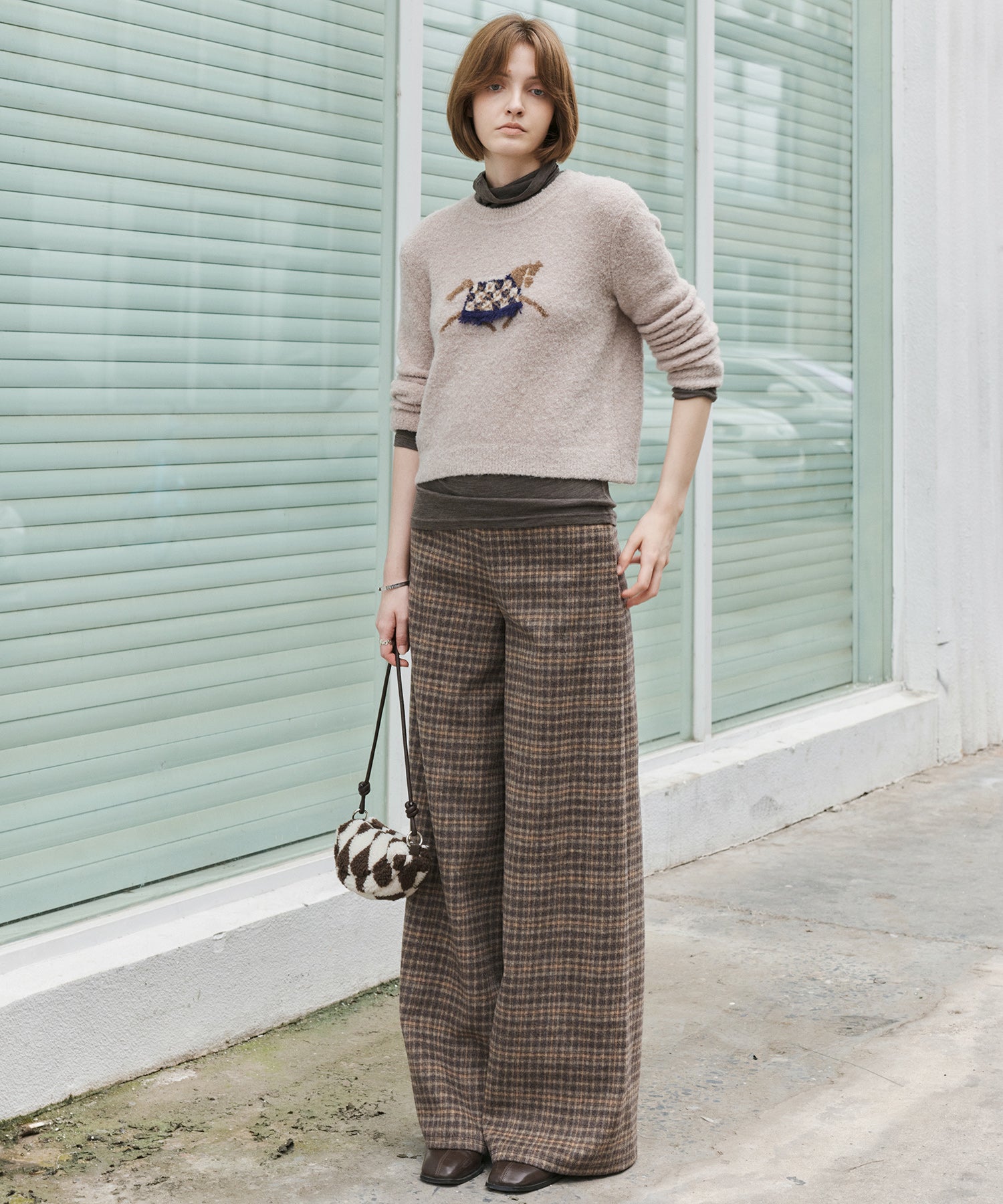 Wool Blend Yarn-Dyed Vintage Check Brushed Wide-Leg Pants