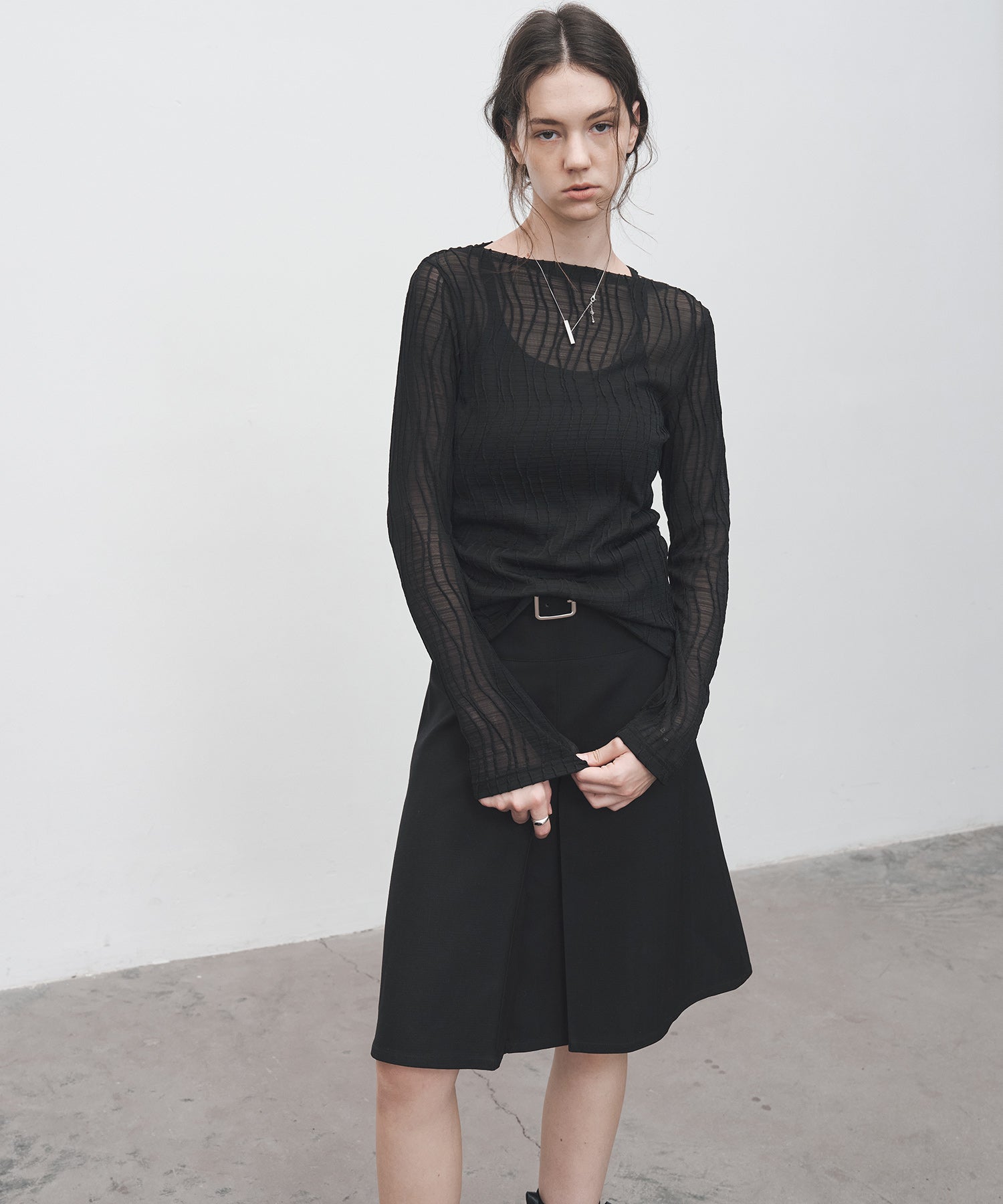 Jacquard Mesh Boat Neck Top – Sheer Long Sleeve Tee