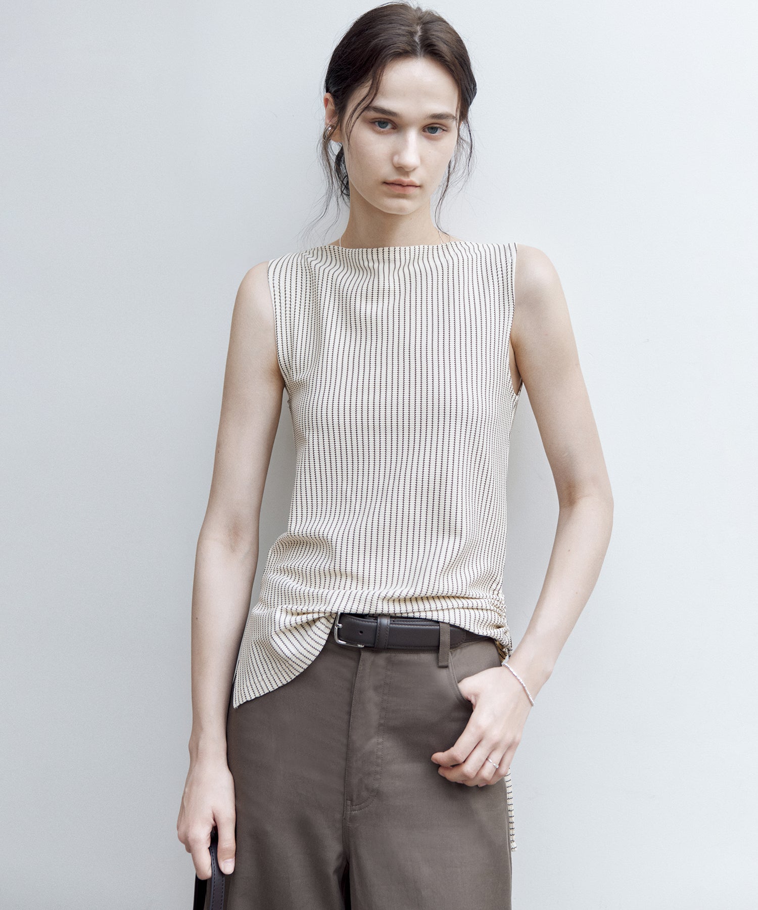 Striped Sleeveless Top with Adjustable Hem &amp; Boat Neck