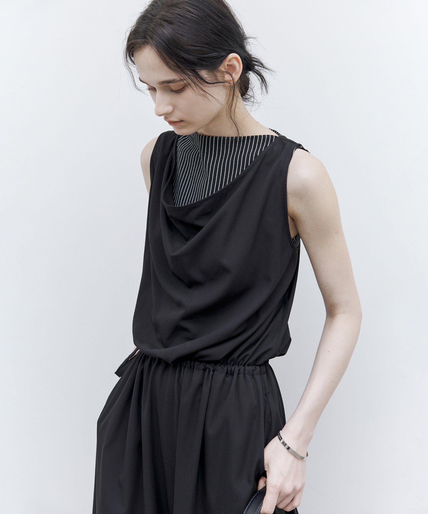 Striped Sleeveless Top with Adjustable Hem &amp; Boat Neck