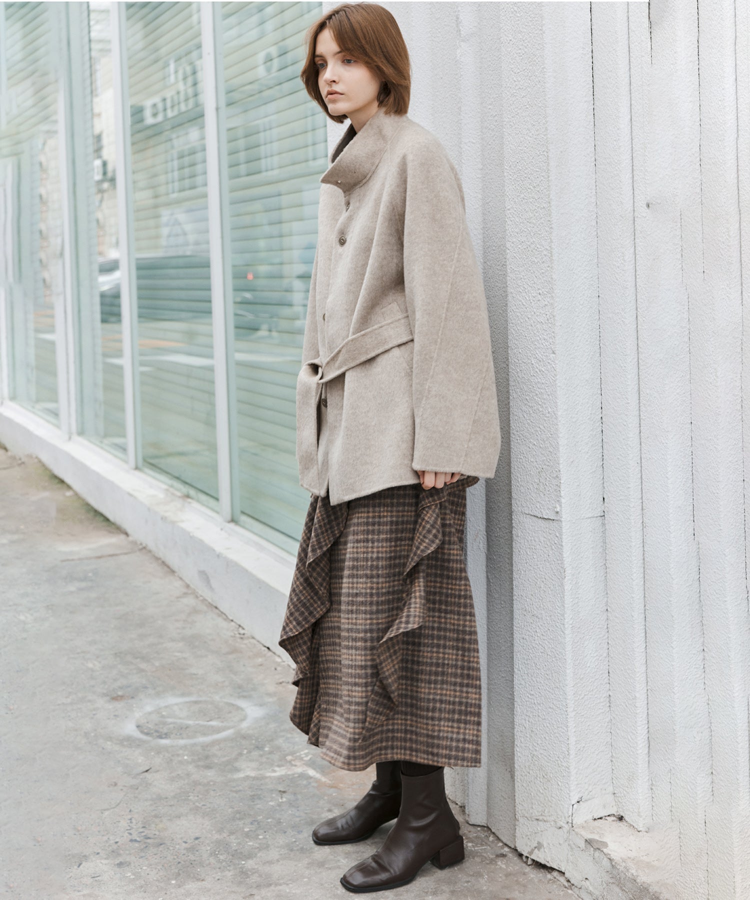 Wool Blend Irregular Flake Detail Yarn-Dyed Vintage Check Brushed A-Line Midi Skirt