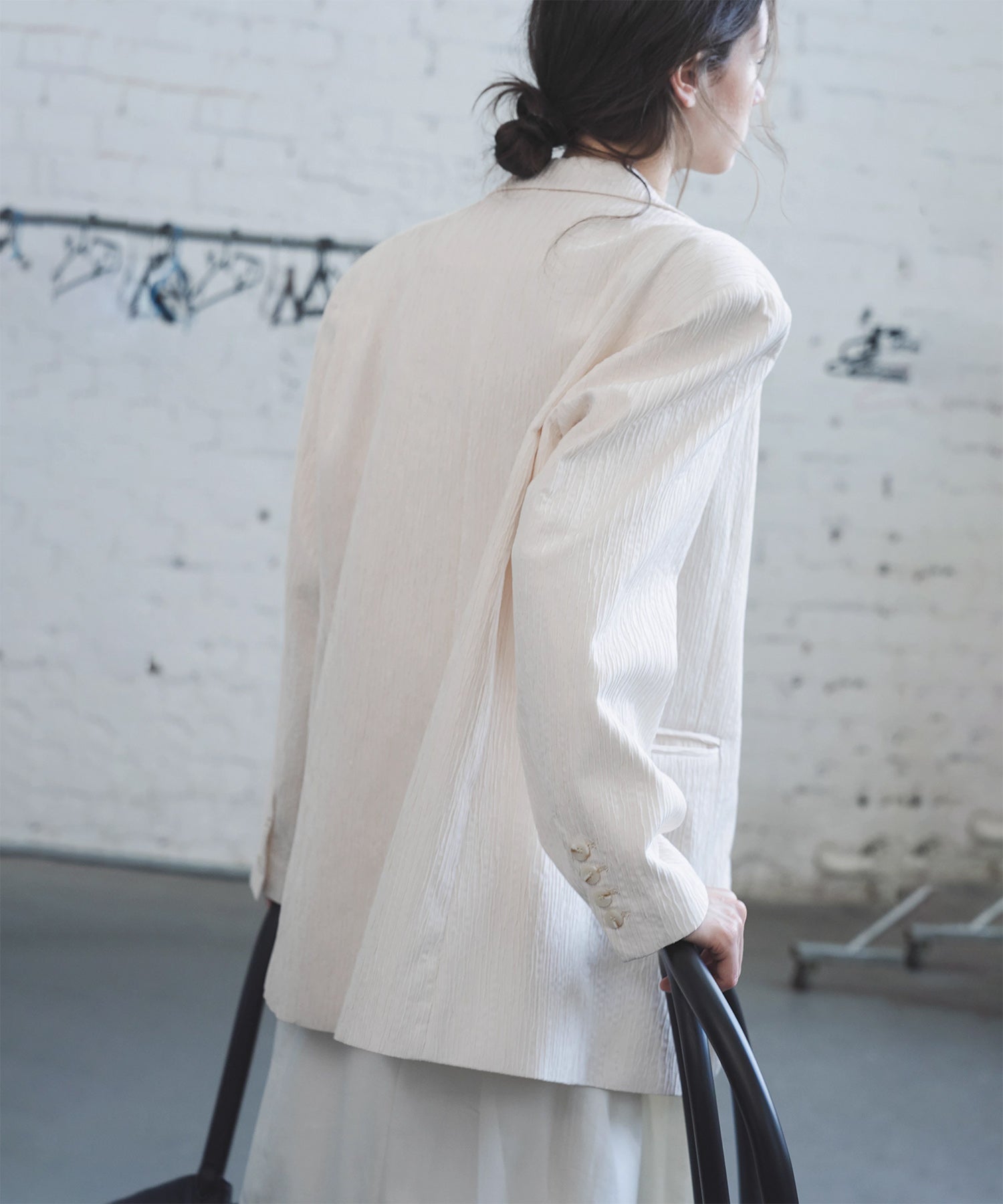 Crinkle Texture White Peak-Lapel Blazer(Shoulder Pads)