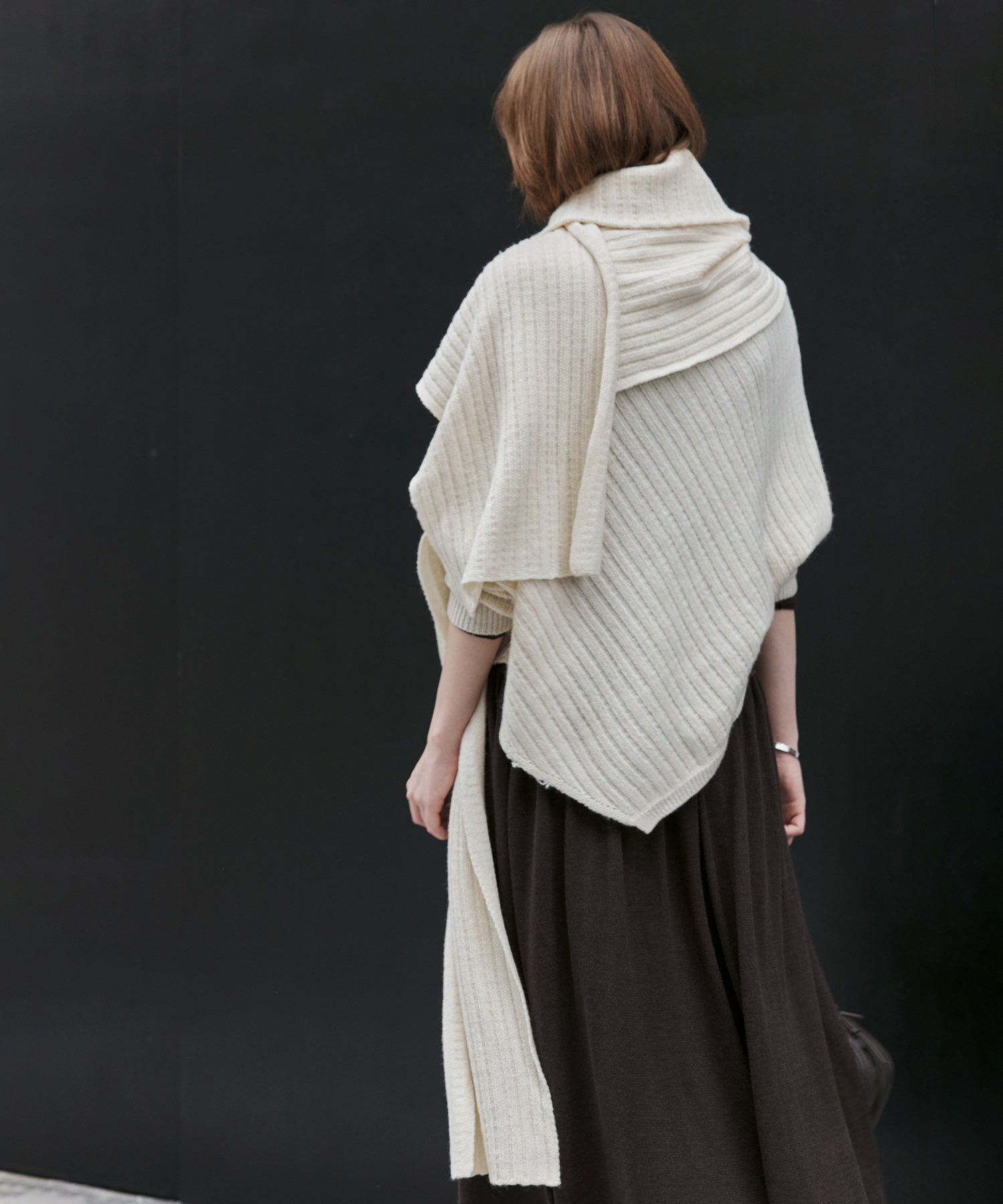 Asymmetric High-Neck Textured Knit Poncho Scarf