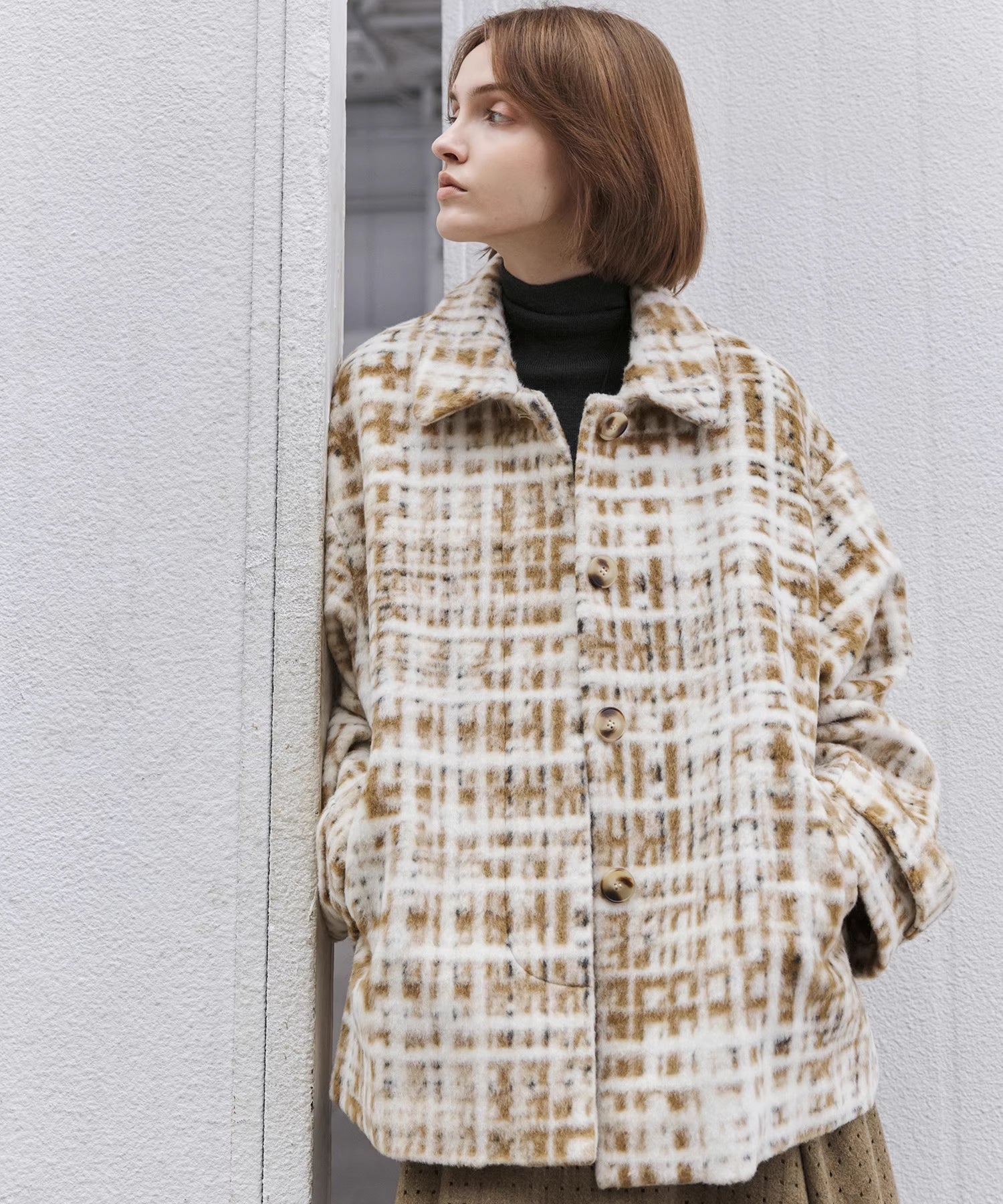 Hazy Plaid Tailored Wool Short Over-coat