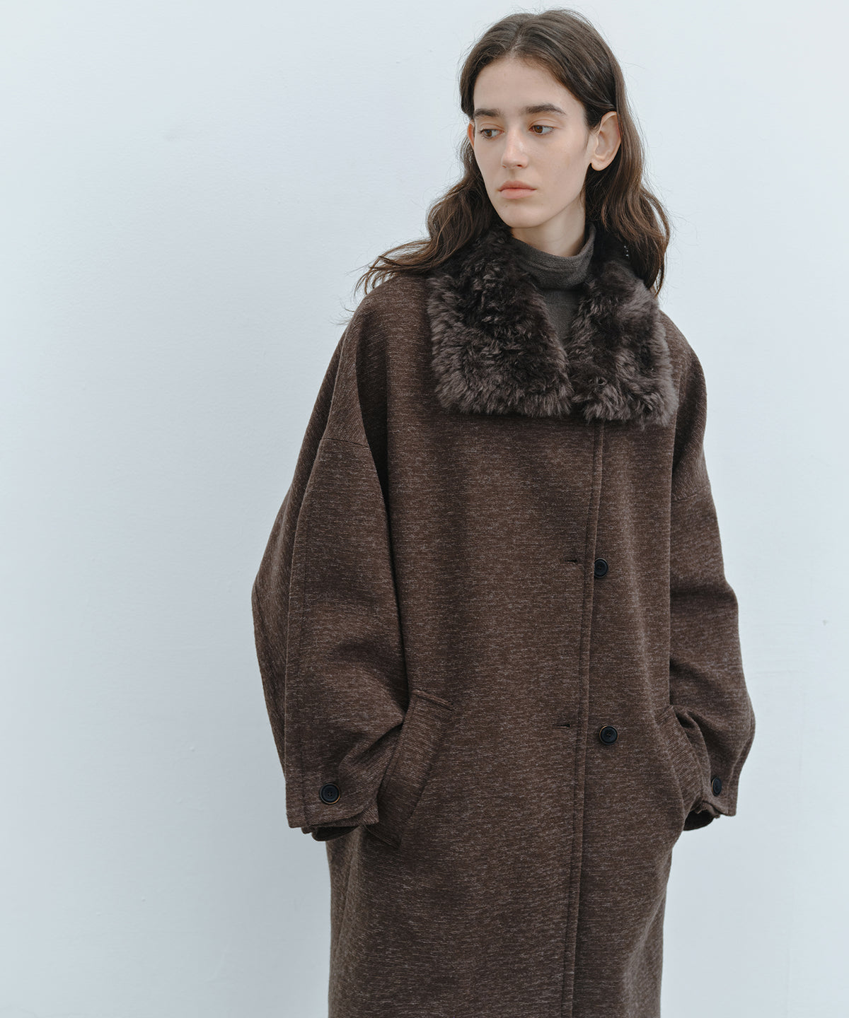 「10月下旬出荷予定」Faux Fur Collar Melange Wool-Like Middle Coat