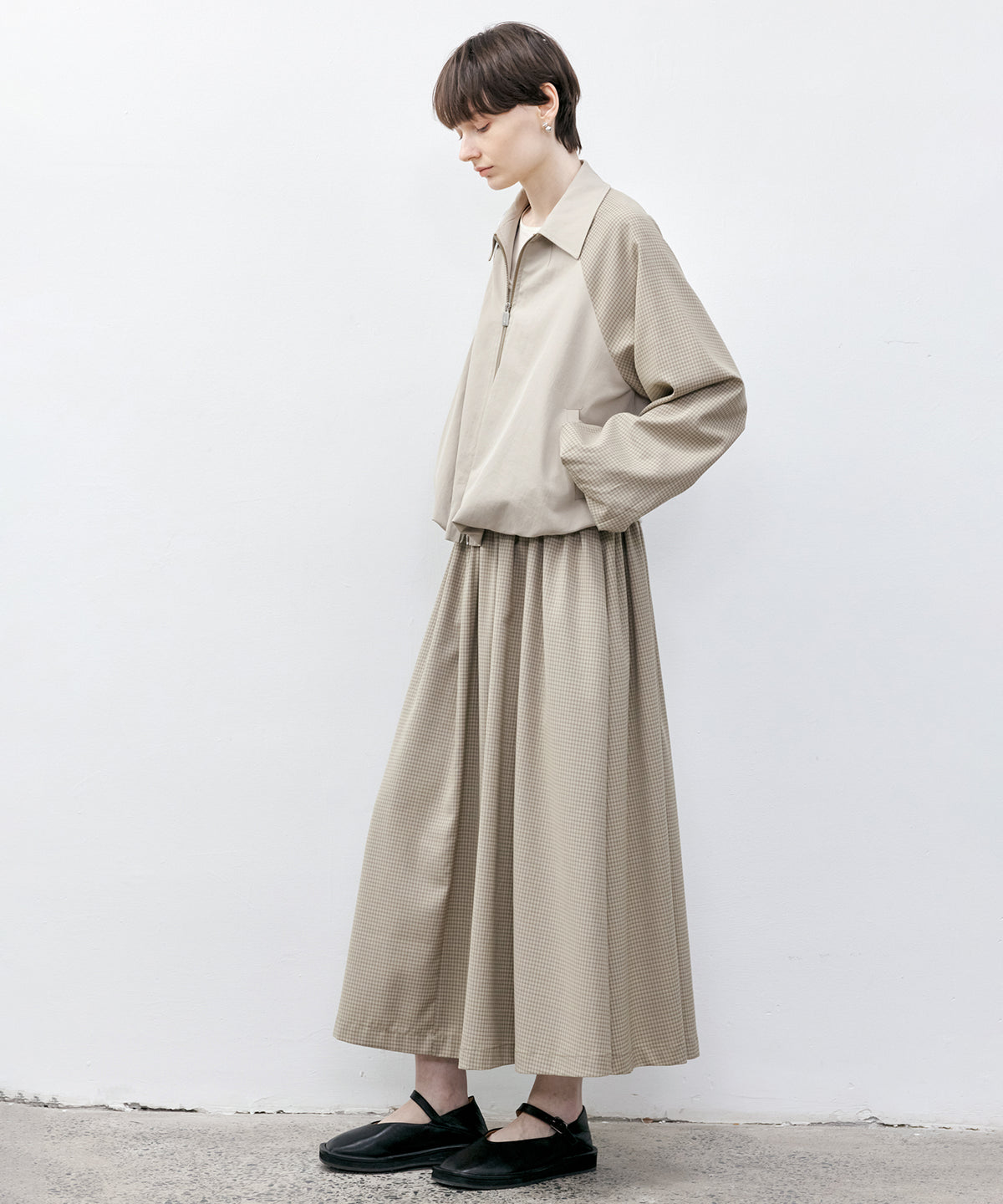 Check Panel Balloon Sleeve Short Blouson