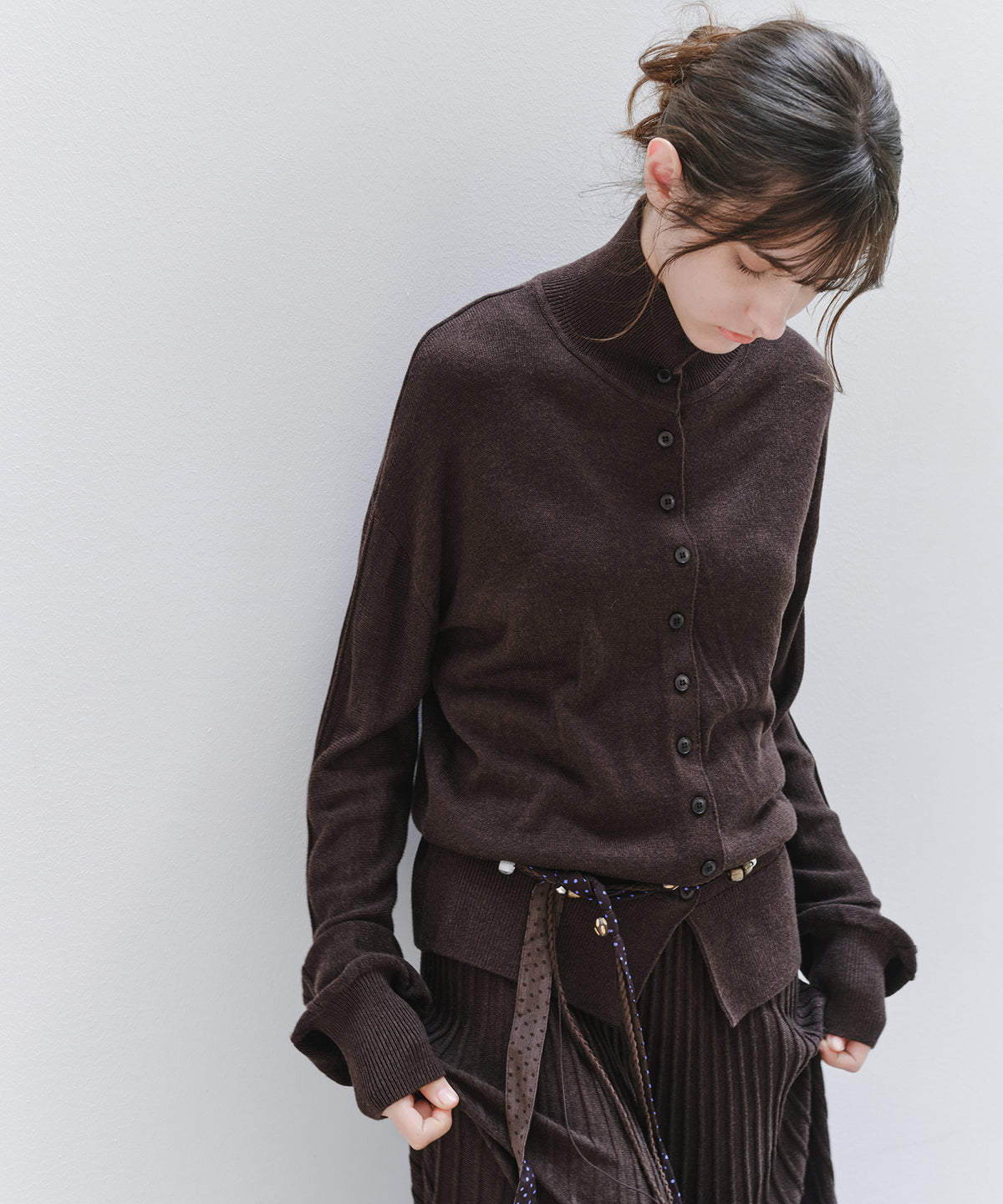 「10月下旬出荷予定」Wool Silk High Neck Button Knit Cardigan