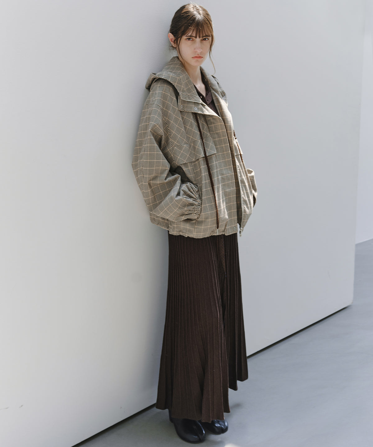 「10月下旬出荷予定」Checked Drawstring Hooded Short Jacket