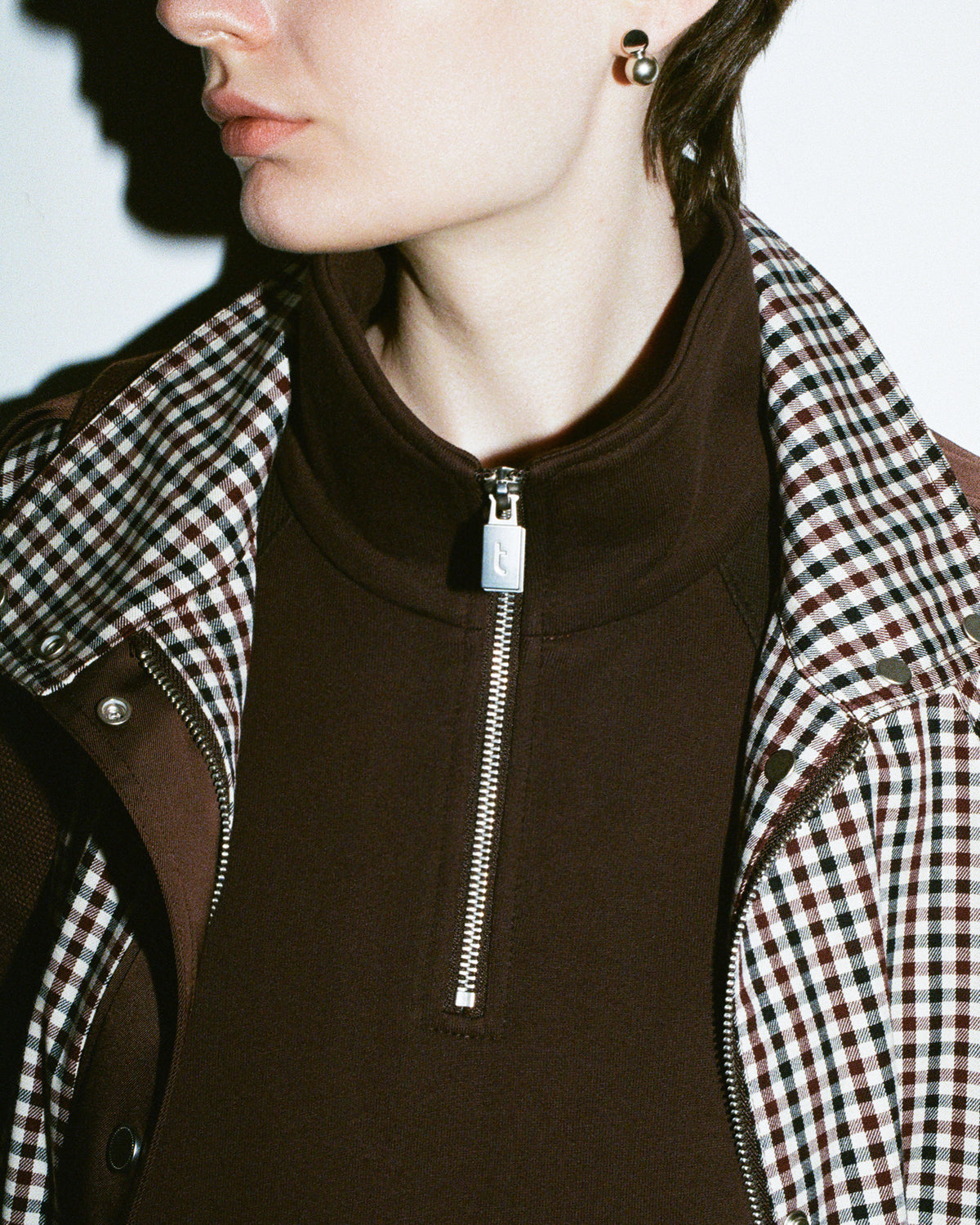 Contrast Panel Checkered Mid-Length Jacket