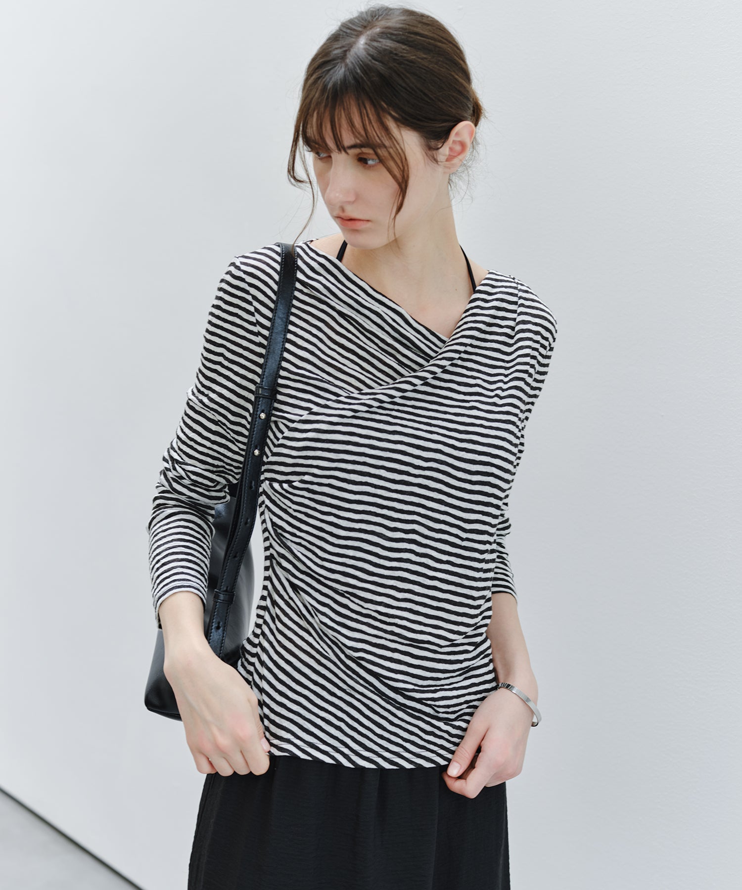 「9月下旬出荷予定」Cross Drape Neck Striped Long Sleeve Top