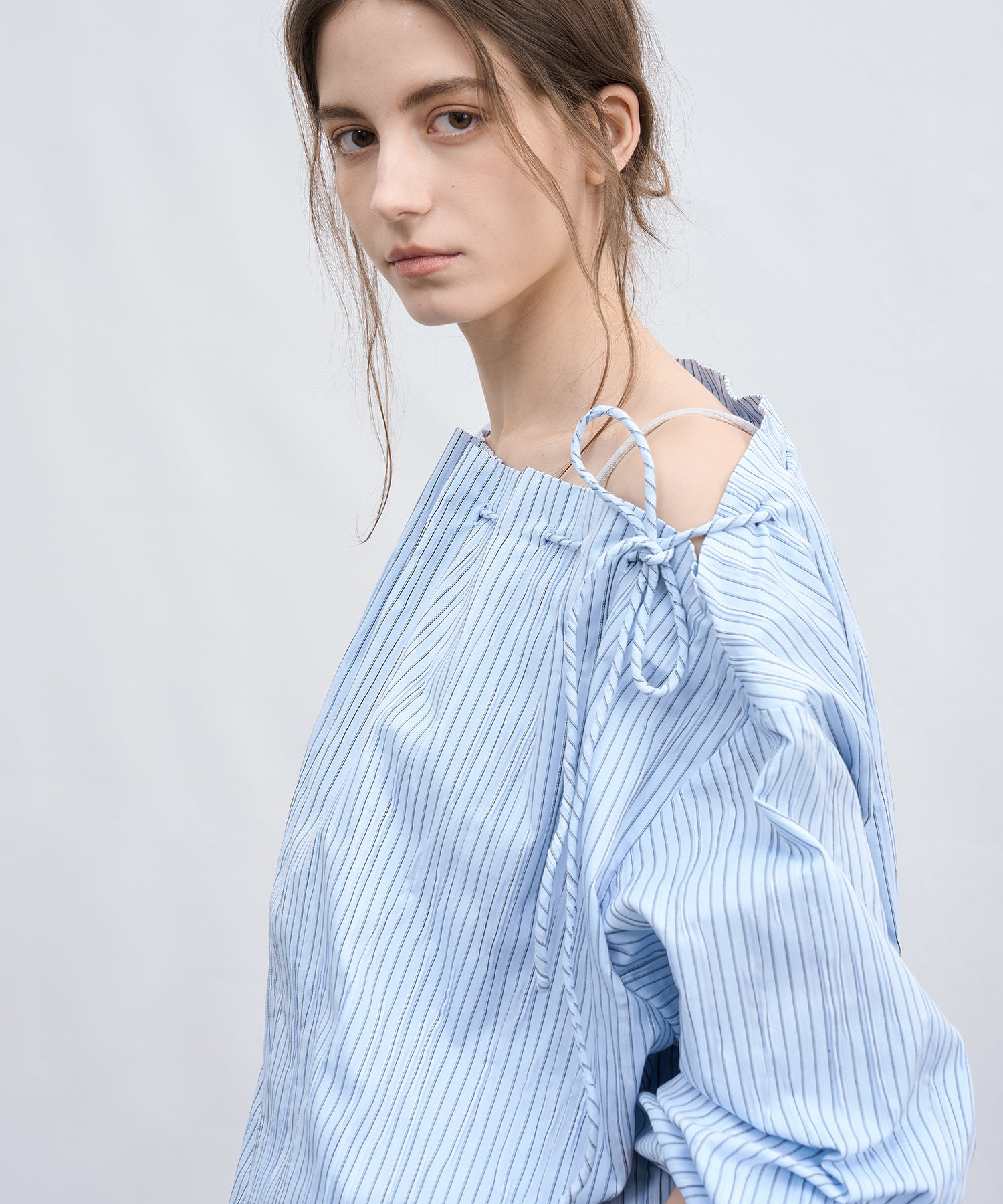 Asymmetric Off-Shoulder Drawstring Stripe Blouse
