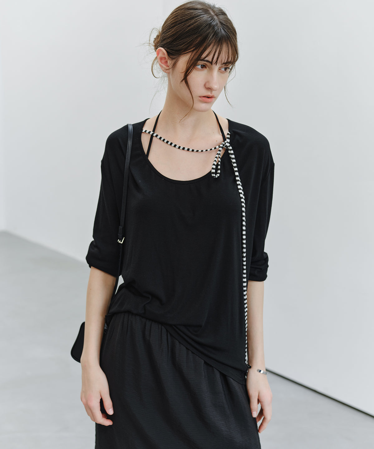 「9月下旬出荷予定」Striped Cord U-Neck Draped Top