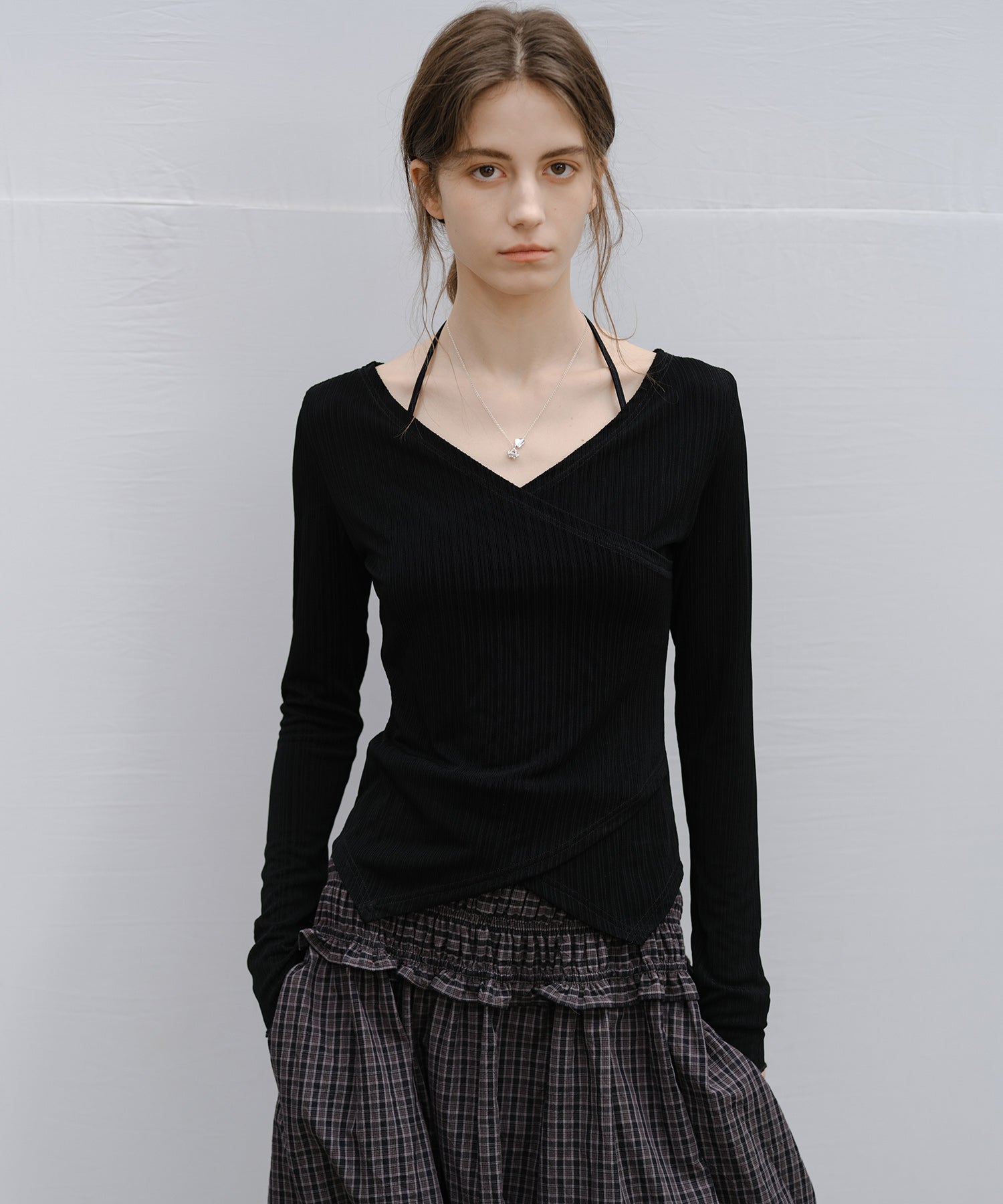 "Shipping from late February to early March" Wrap Neck Asymmetric Hem Top