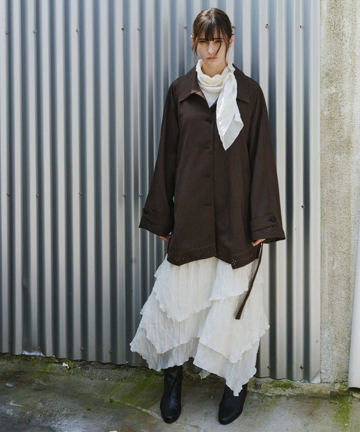 「9月下旬出荷予定」Washed Texture Scarf Collar Layered Dress
