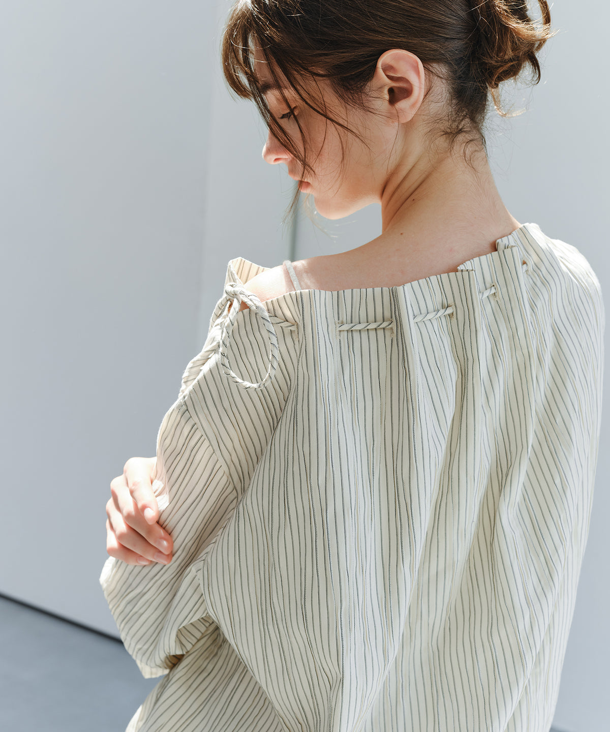 Asymmetric Off-Shoulder Drawstring Stripe Blouse