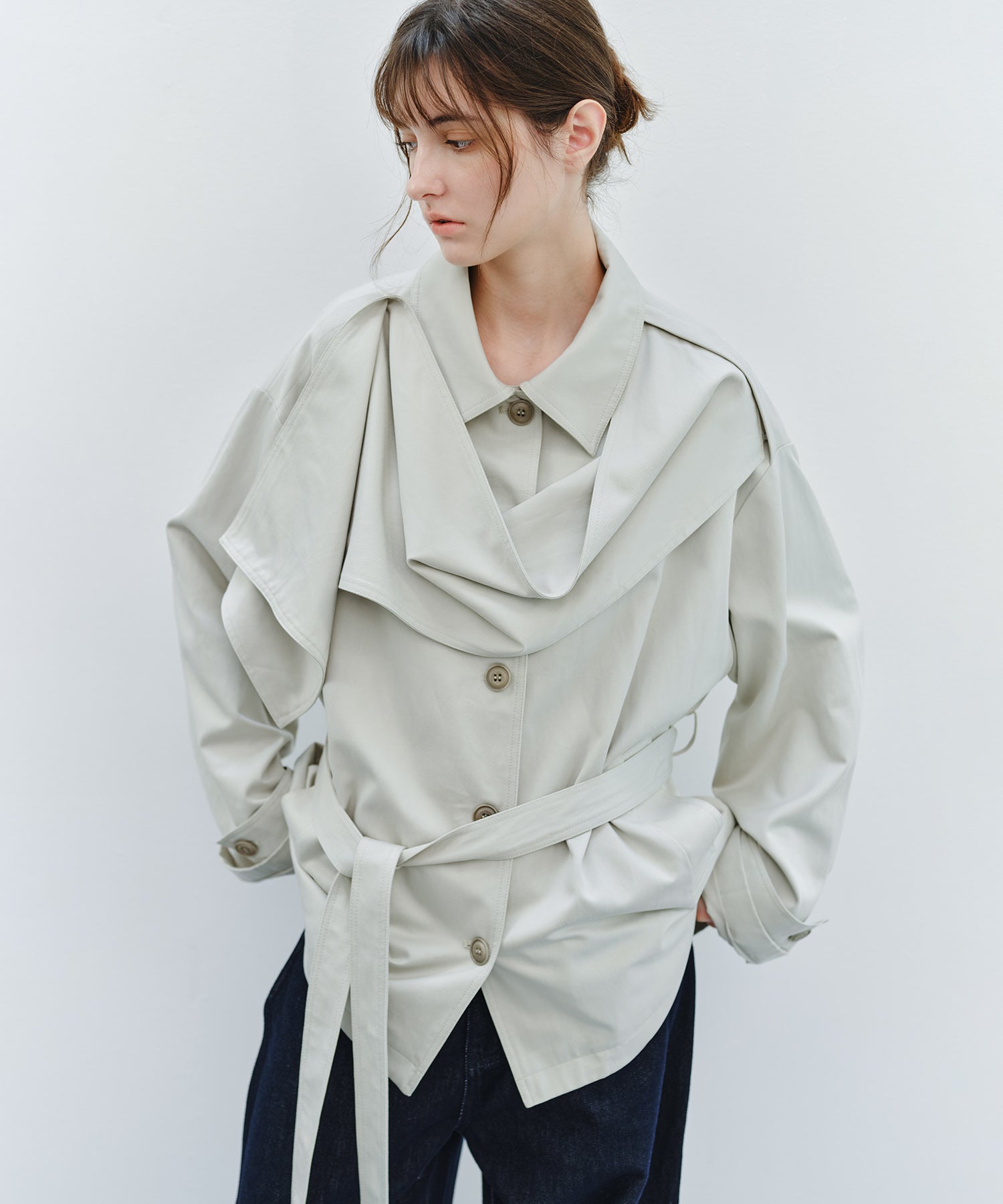 「9月下旬出荷予定」Detachable Scarf Belted Short Trench Coat