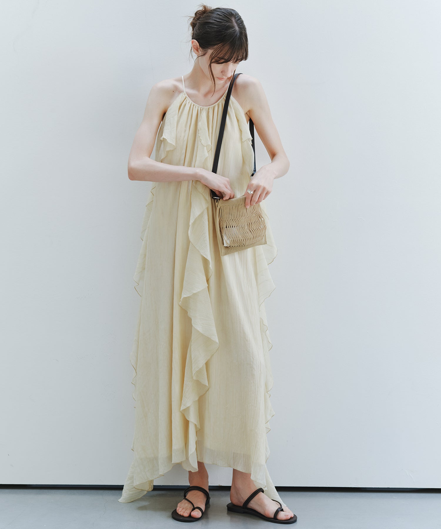 「7月中旬～下旬出荷」Sheer Ruffle Asymmetric Cami Dress