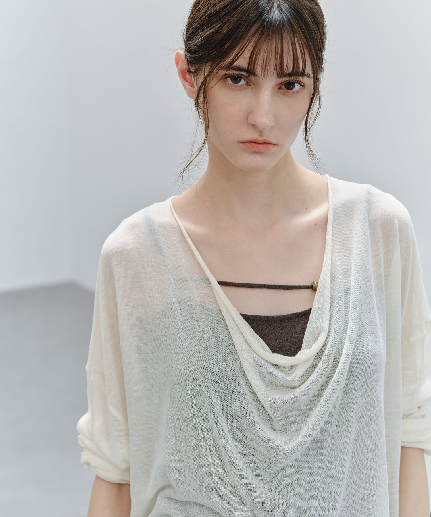 「9月下旬出荷予定」Drape Neck Sheer Loose Knit Top