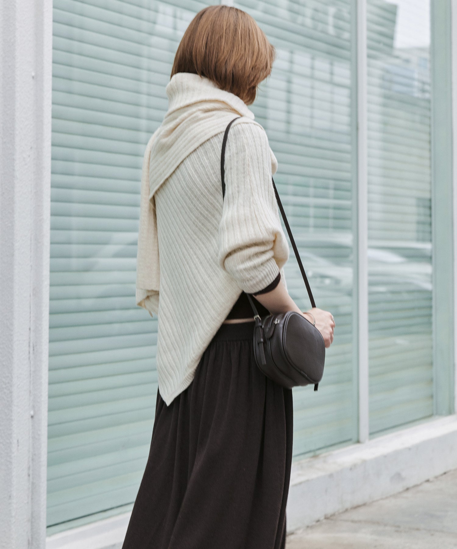 Asymmetric High-Neck Textured Knit Poncho Scarf