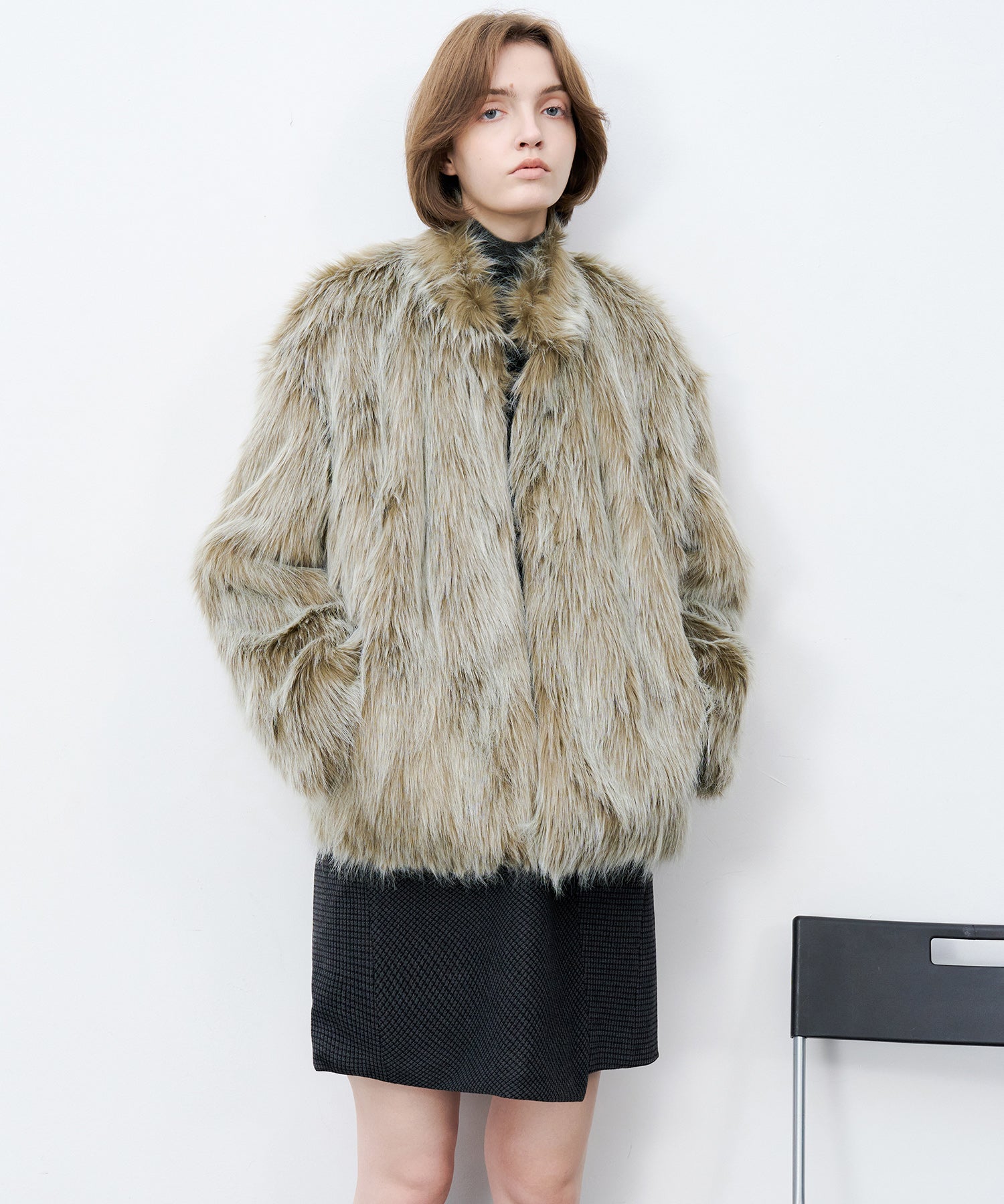 Long Faux-Fur Lapel Coat