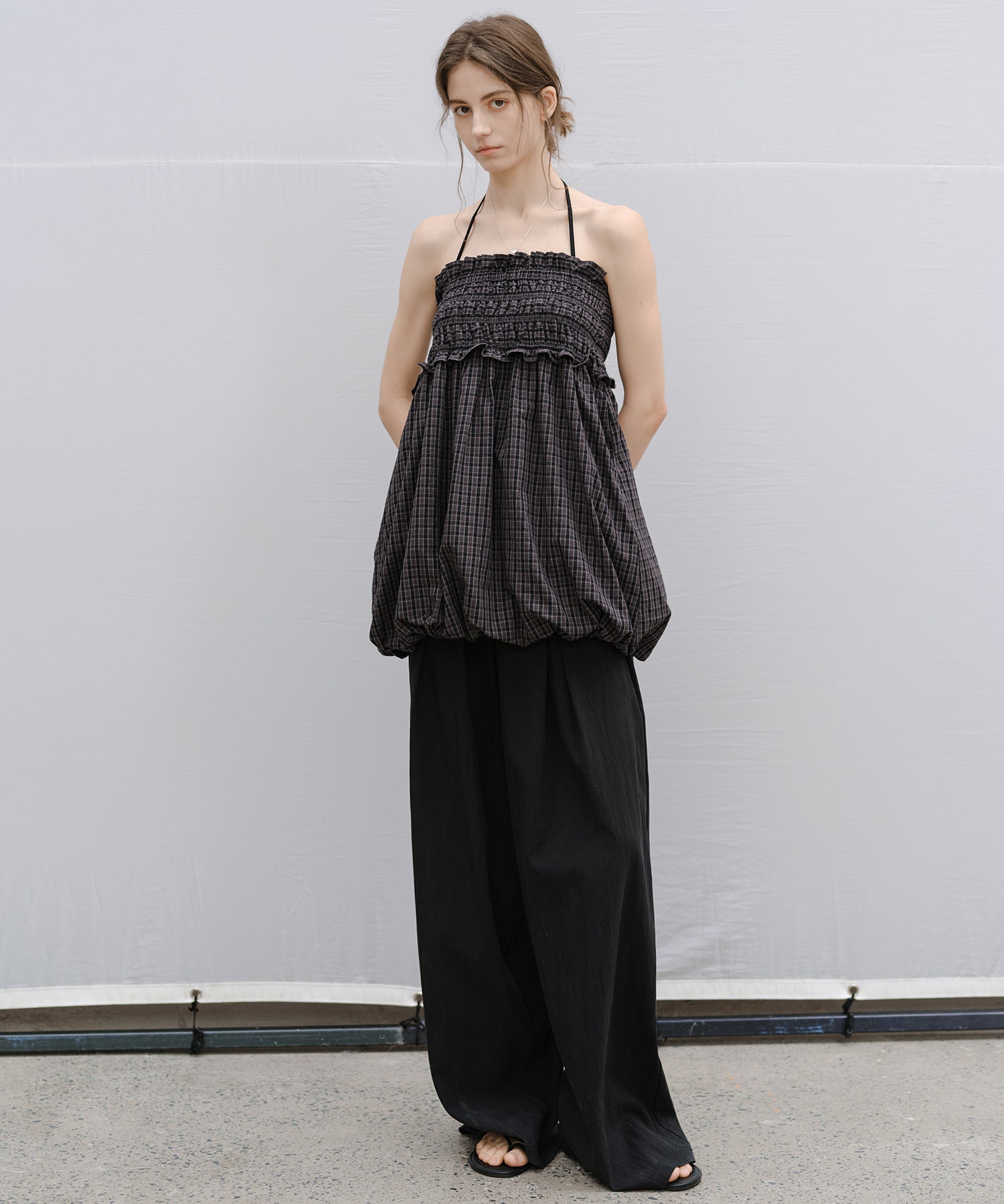 "Shipping from late February to early March" 2-way Smocked Check Bubble Skirt