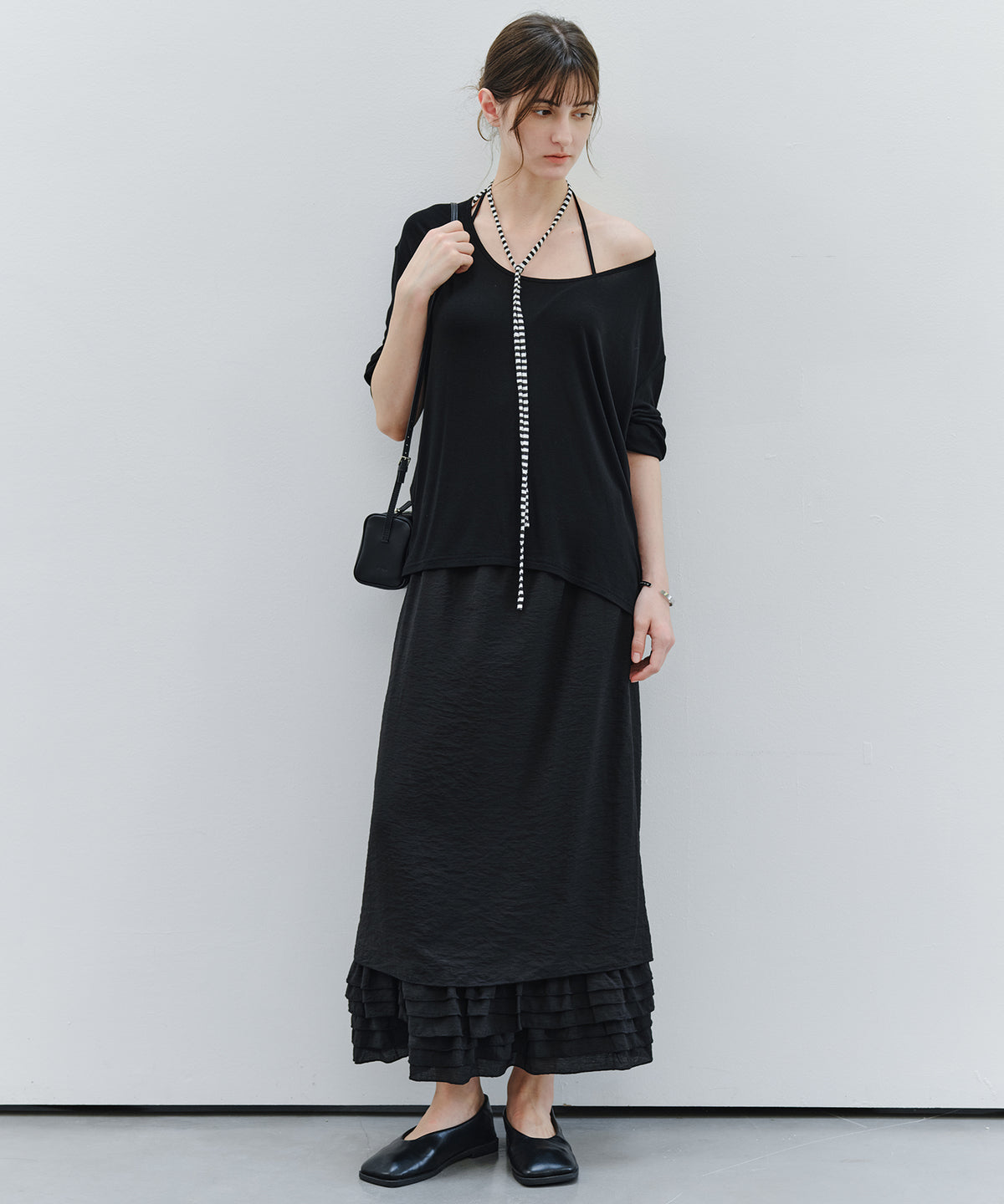 「9月下旬出荷予定」Striped Cord U-Neck Draped Top