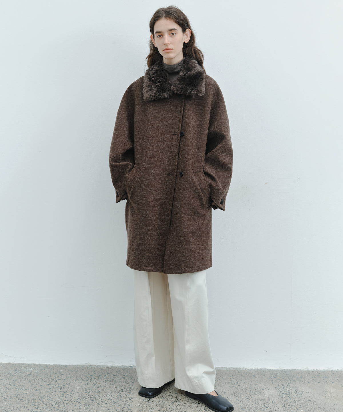 「10月下旬出荷予定」Faux Fur Collar Melange Wool-Like Middle Coat